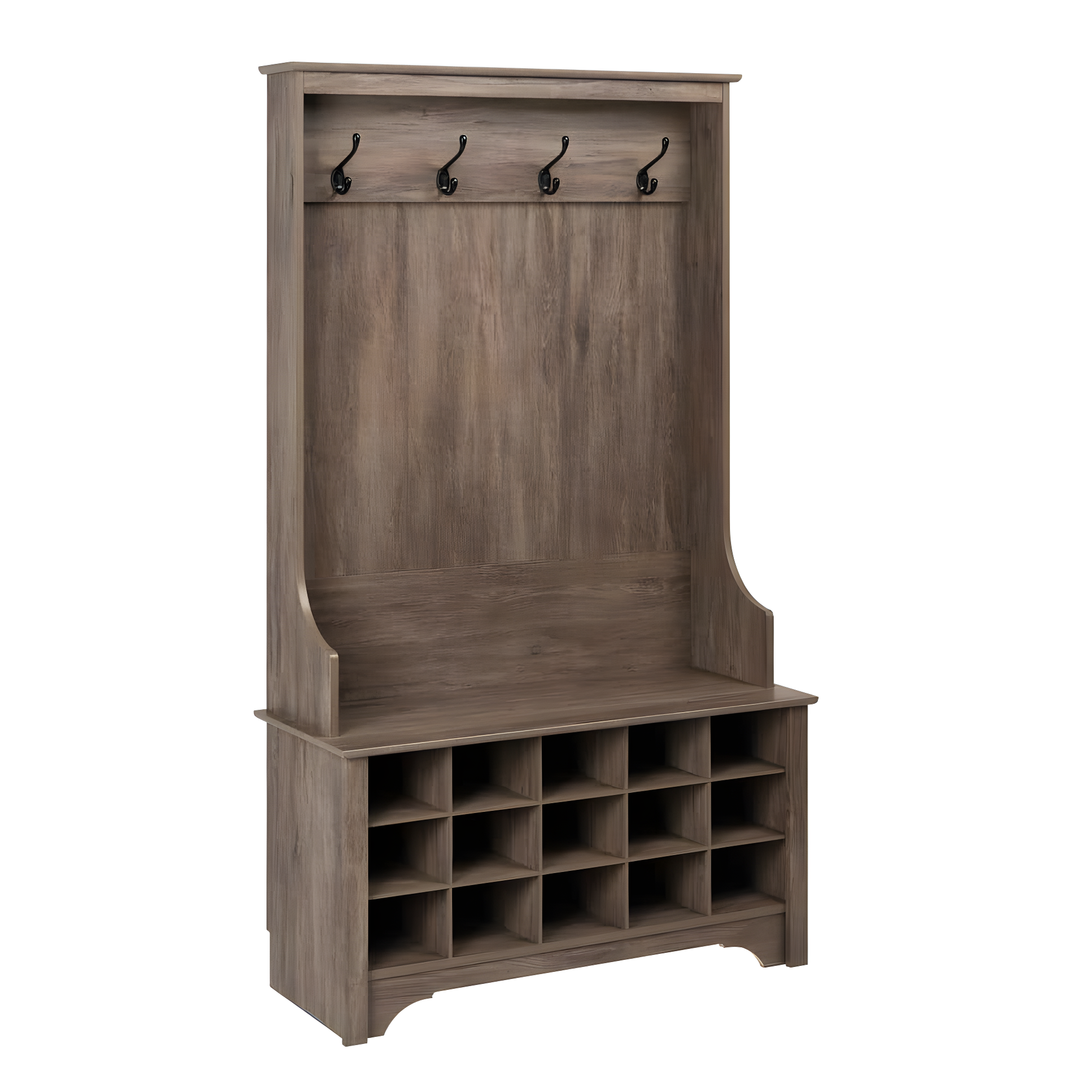 Prepac Hall Tree with Shoe Storage Drifted Gray : Entryway Organizer, Mudroom Bench, 4 Hooks, 15 Cubbies