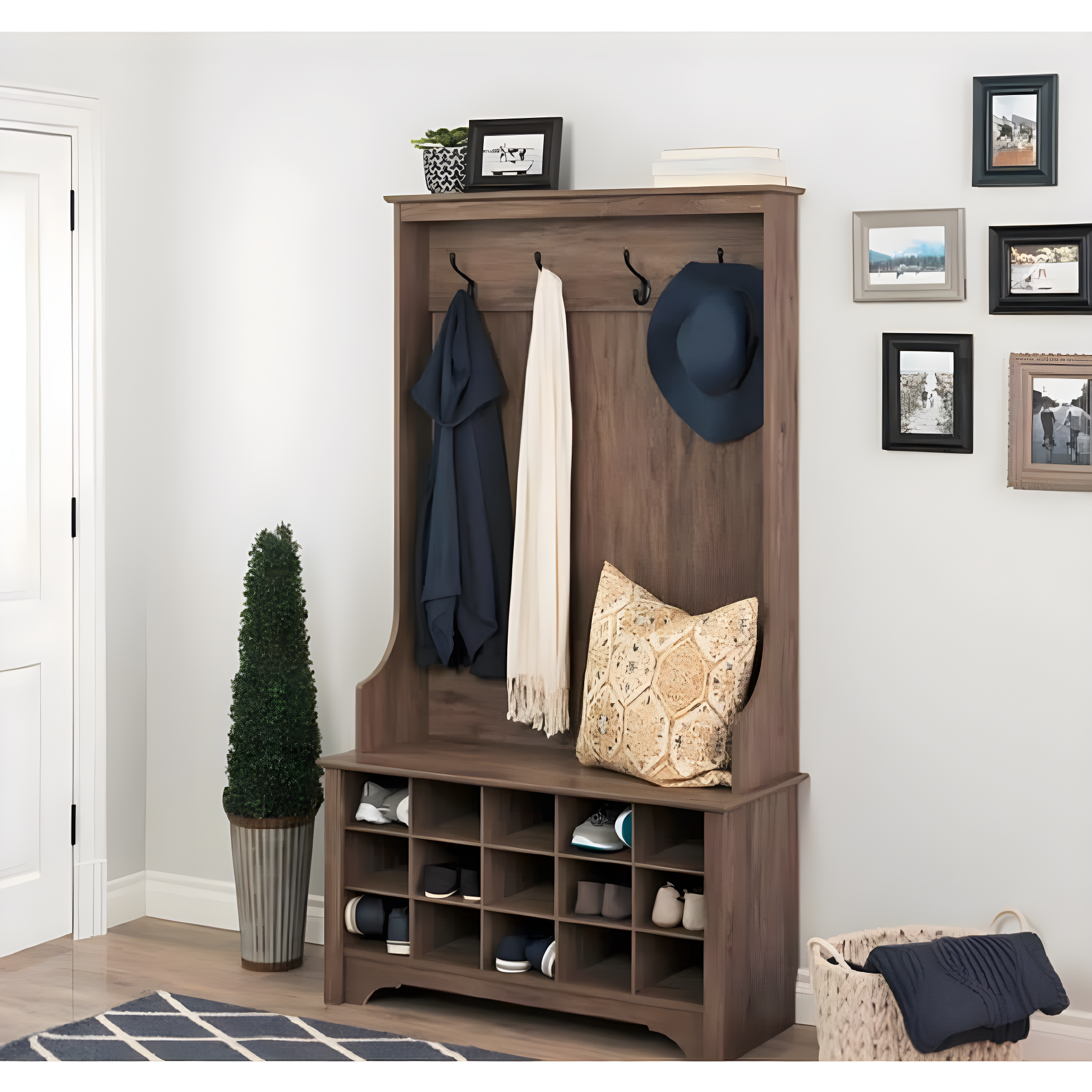 Prepac Hall Tree with Shoe Storage Drifted Gray : Entryway Organizer, Mudroom Bench, 4 Hooks, 15 Cubbies