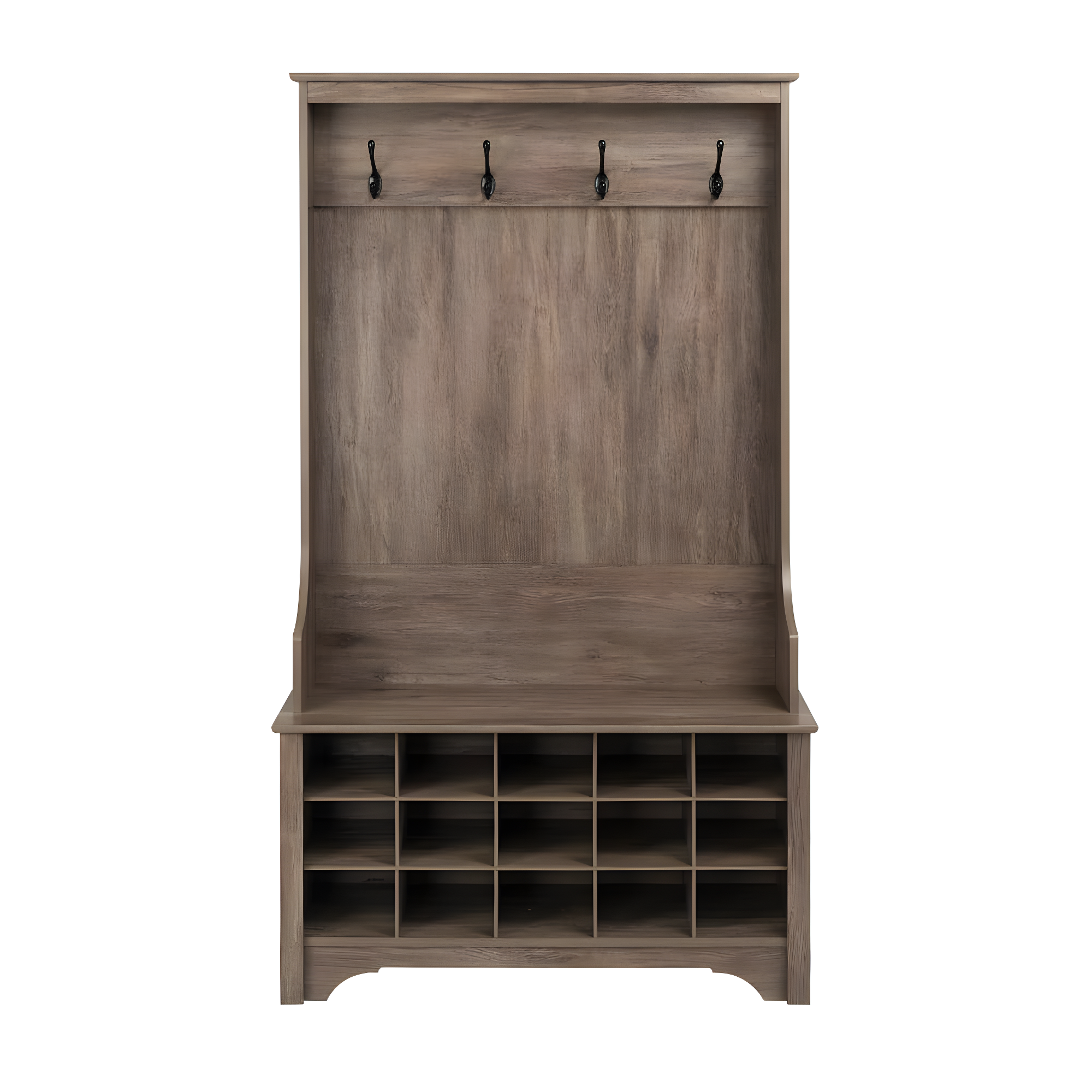 Prepac Hall Tree with Shoe Storage Drifted Gray : Entryway Organizer, Mudroom Bench, 4 Hooks, 15 Cubbies