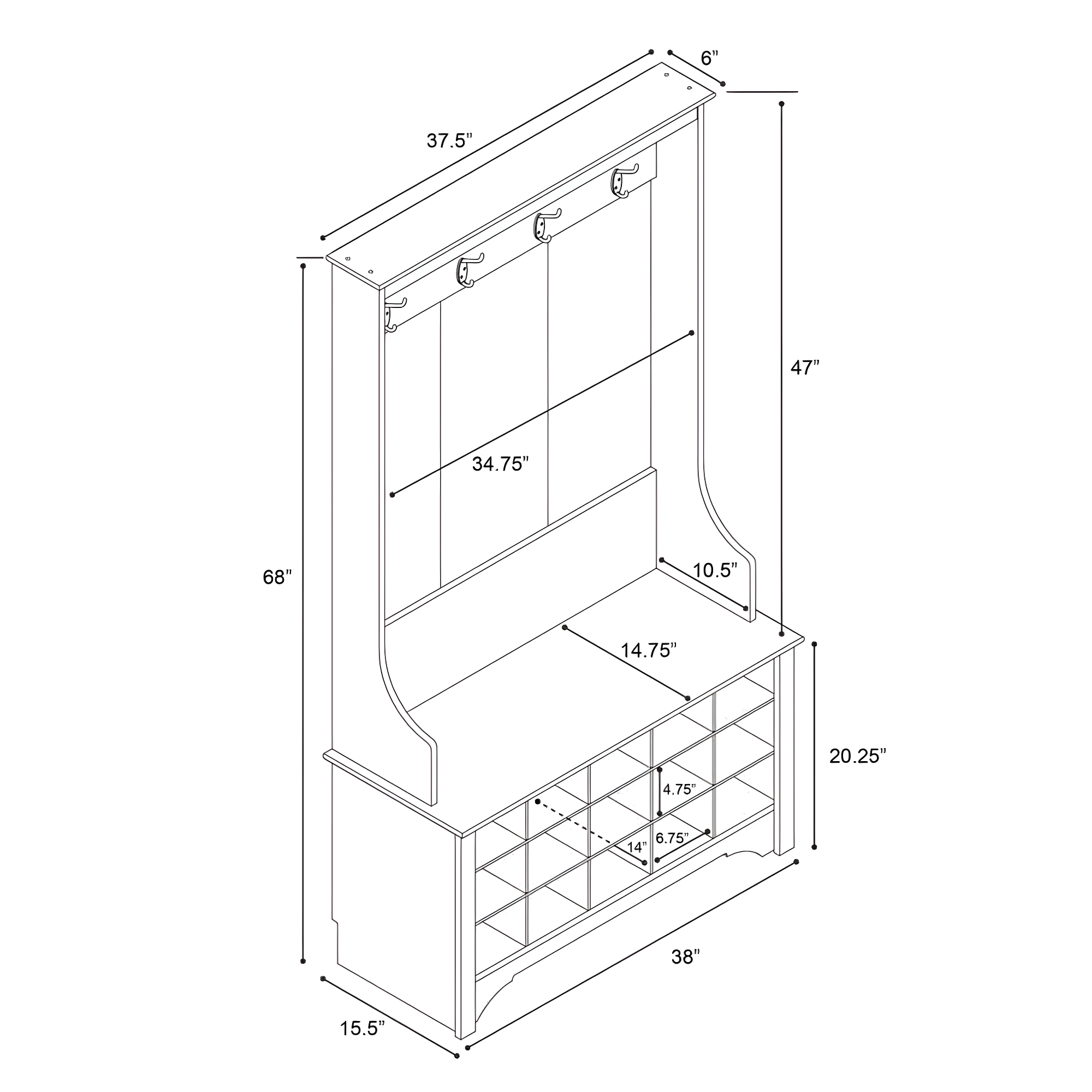 Prepac Hall Tree with Shoe Storage Drifted Gray : Entryway Organizer, Mudroom Bench, 4 Hooks, 15 Cubbies