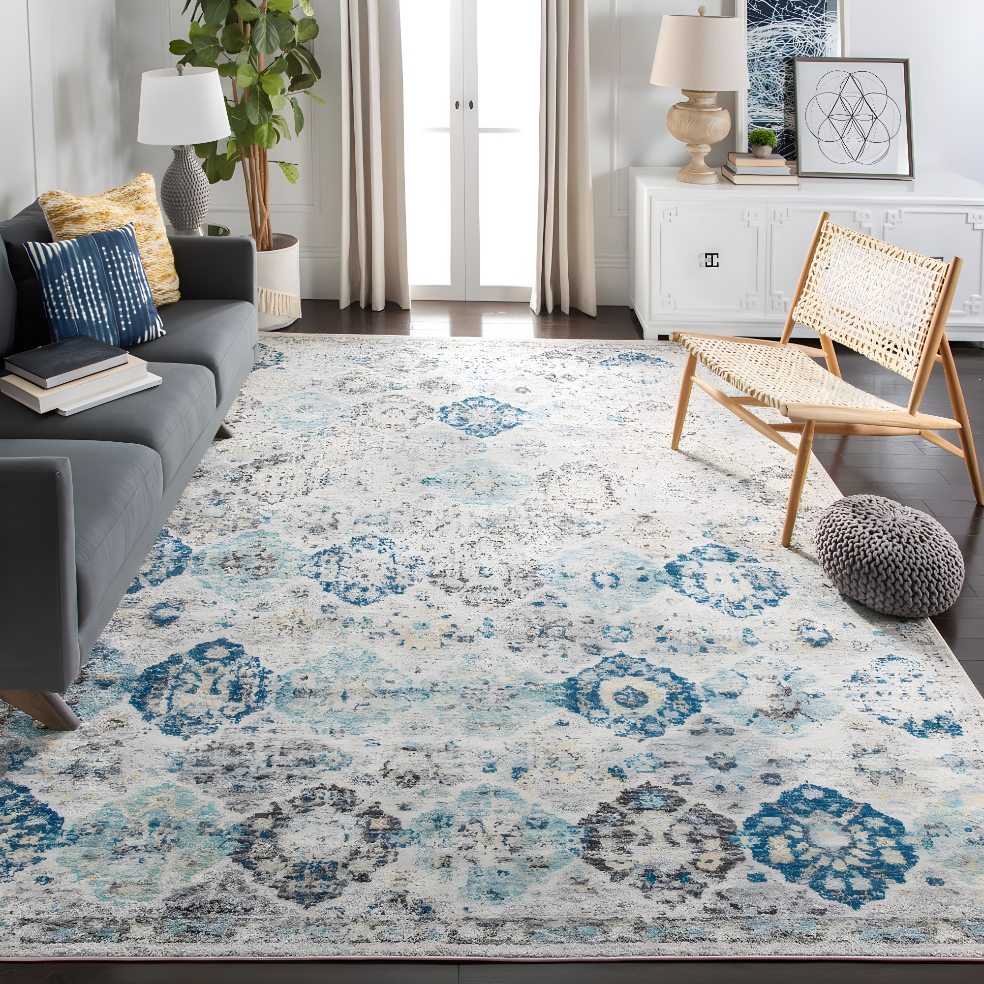 SAFAVIEH Madison Judith Distressed Area Rug, Ivory/Aqua, 12' x 12' Square