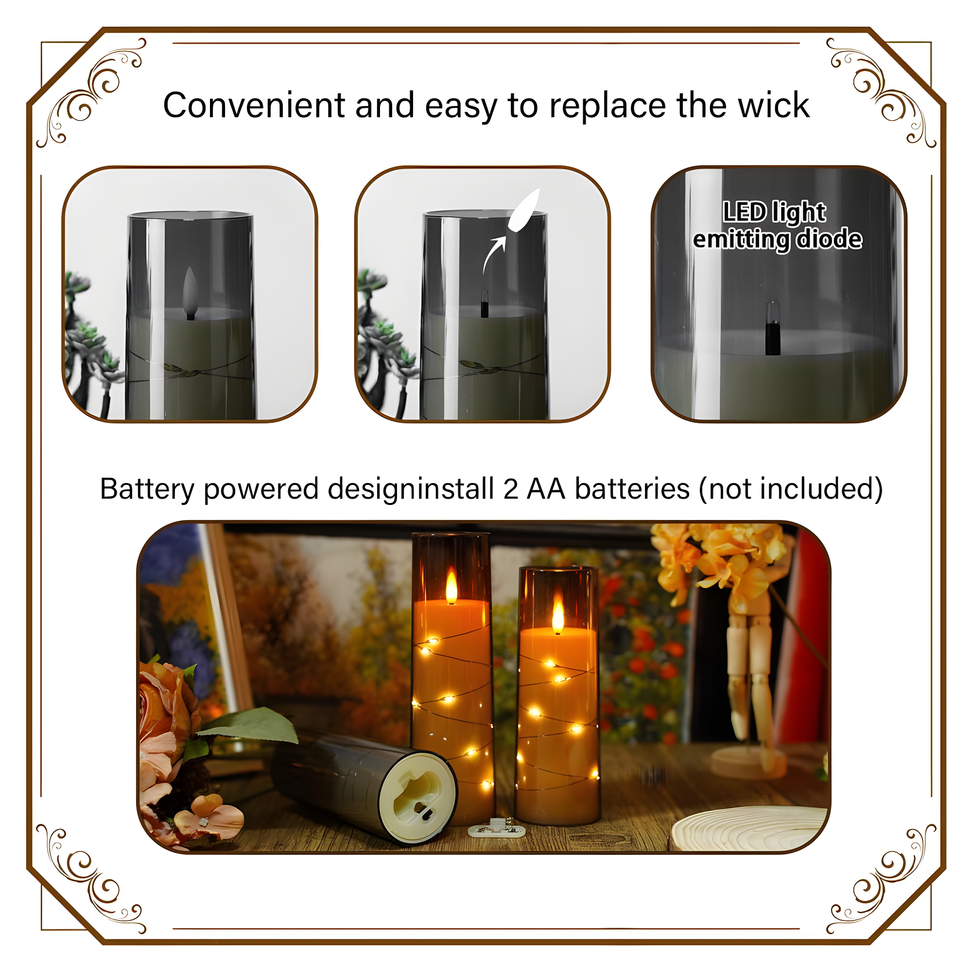 Raycare Flameless LED Candles with Embedded Star String, 9 Pcs Battery Operated Acrylic Pillar Candles with Timer and Remote, Flickering for Romantic Ambiance and Home Decoration (Grey)