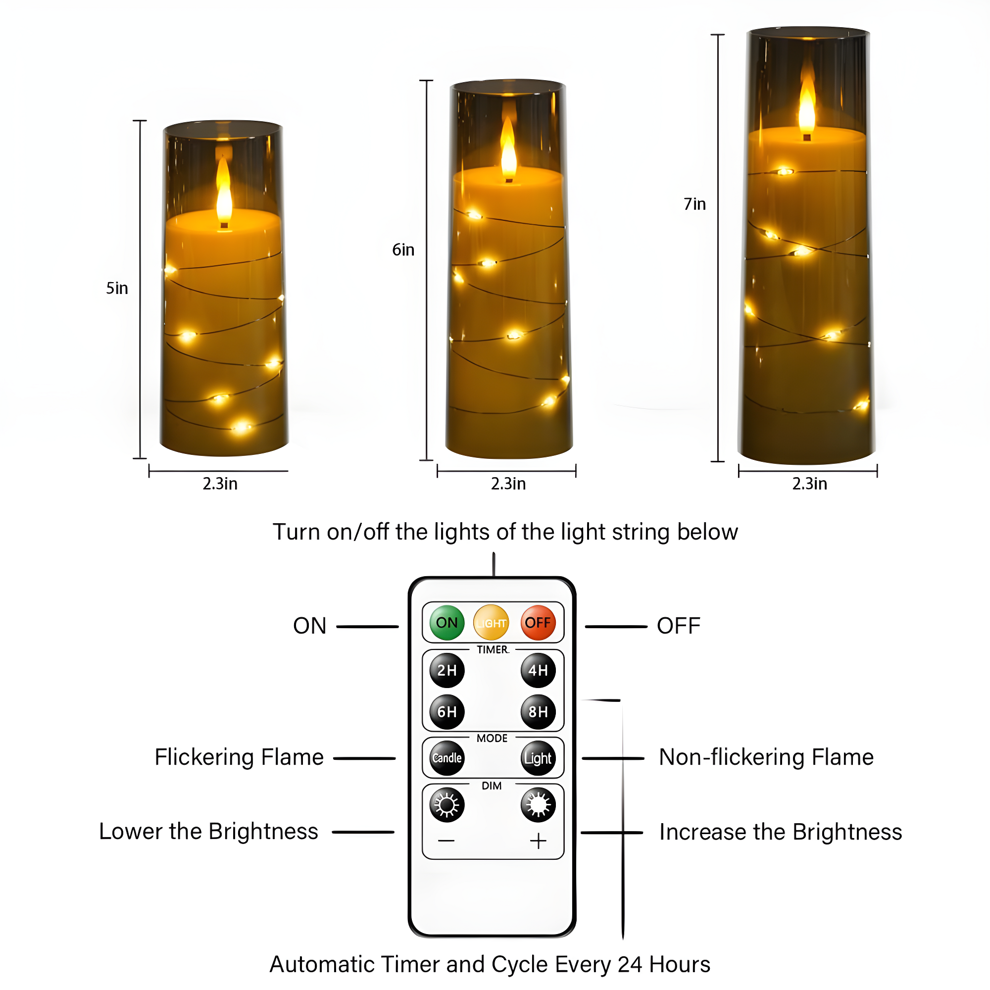 Raycare Flameless LED Candles with Embedded Star String, 9 Pcs Battery Operated Acrylic Pillar Candles with Timer and Remote, Flickering for Romantic Ambiance and Home Decoration (Grey)