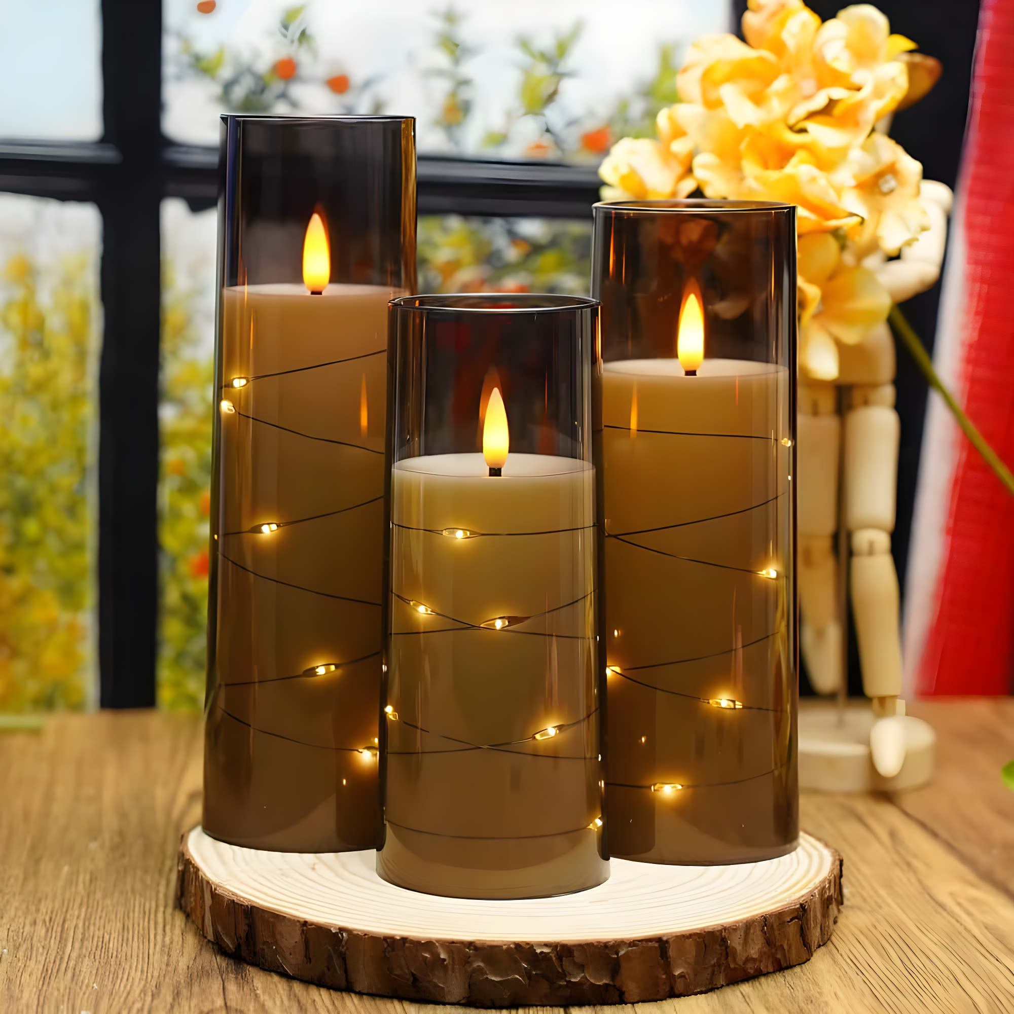 Raycare Flameless LED Candles with Embedded Star String, 9 Pcs Battery Operated Acrylic Pillar Candles with Timer and Remote, Flickering for Romantic Ambiance and Home Decoration (Grey)