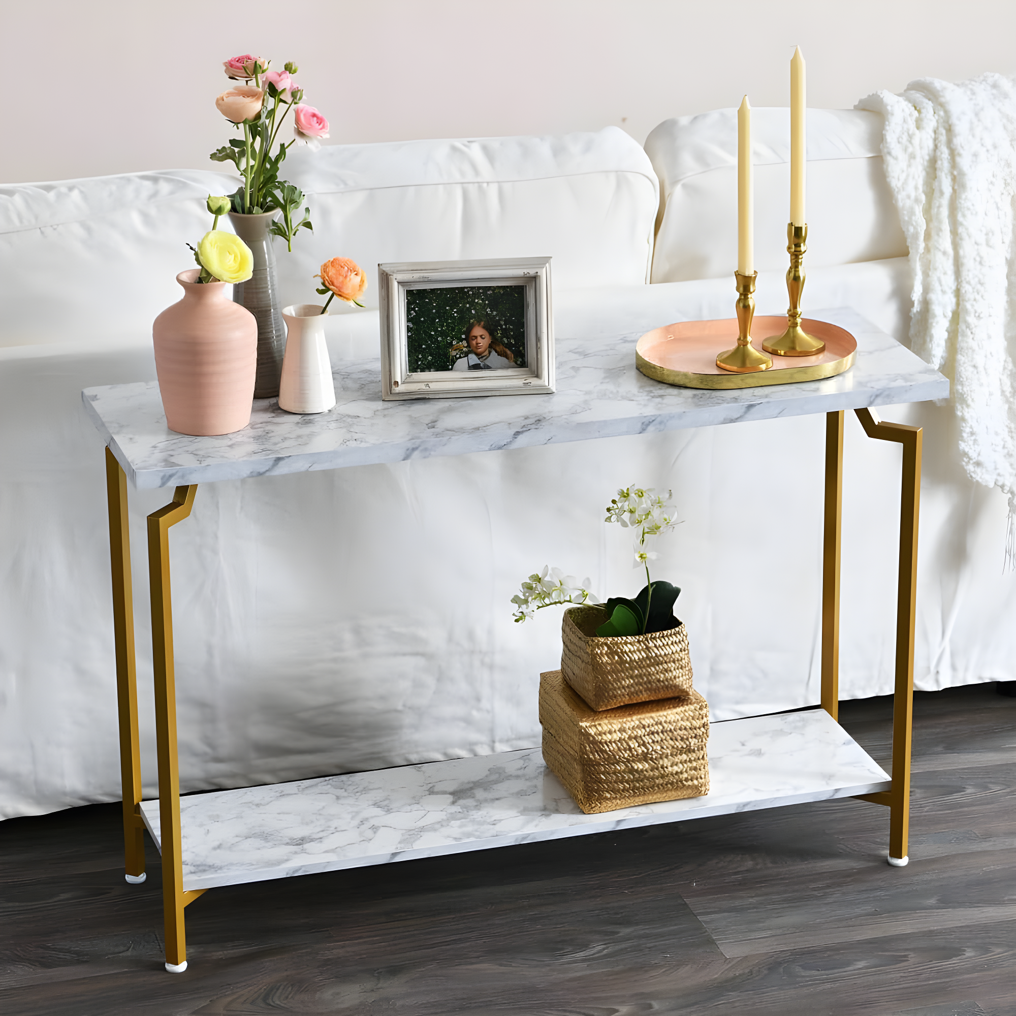 Crown Console Sofa Table with Storage Shelf White Marble and Gold Metal