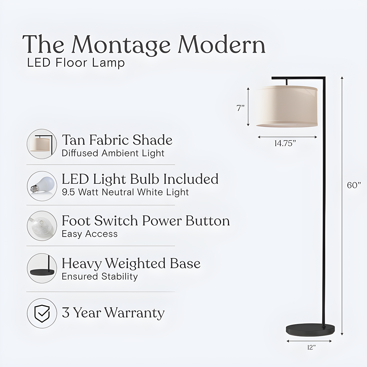 Montage Modern 60 in. Mid-Century Modern LED Floor Lamp with Fabric Drum Shade