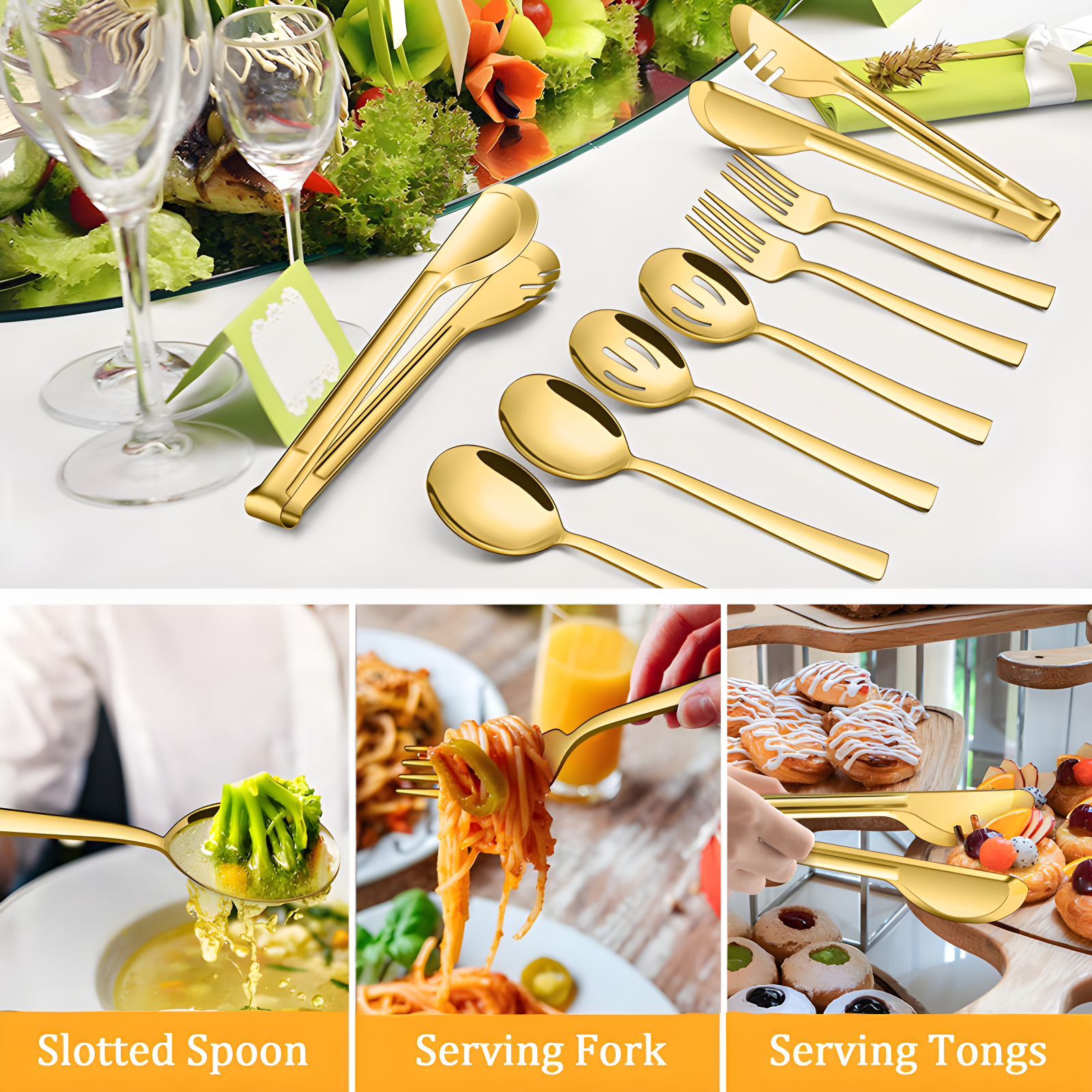 8-Piece Stainless Steel Serving Utensils Set - Includes Spoons, Forks, Tongs, Ideal For Weddings, Buffets, And Daily Use (Set of 8)