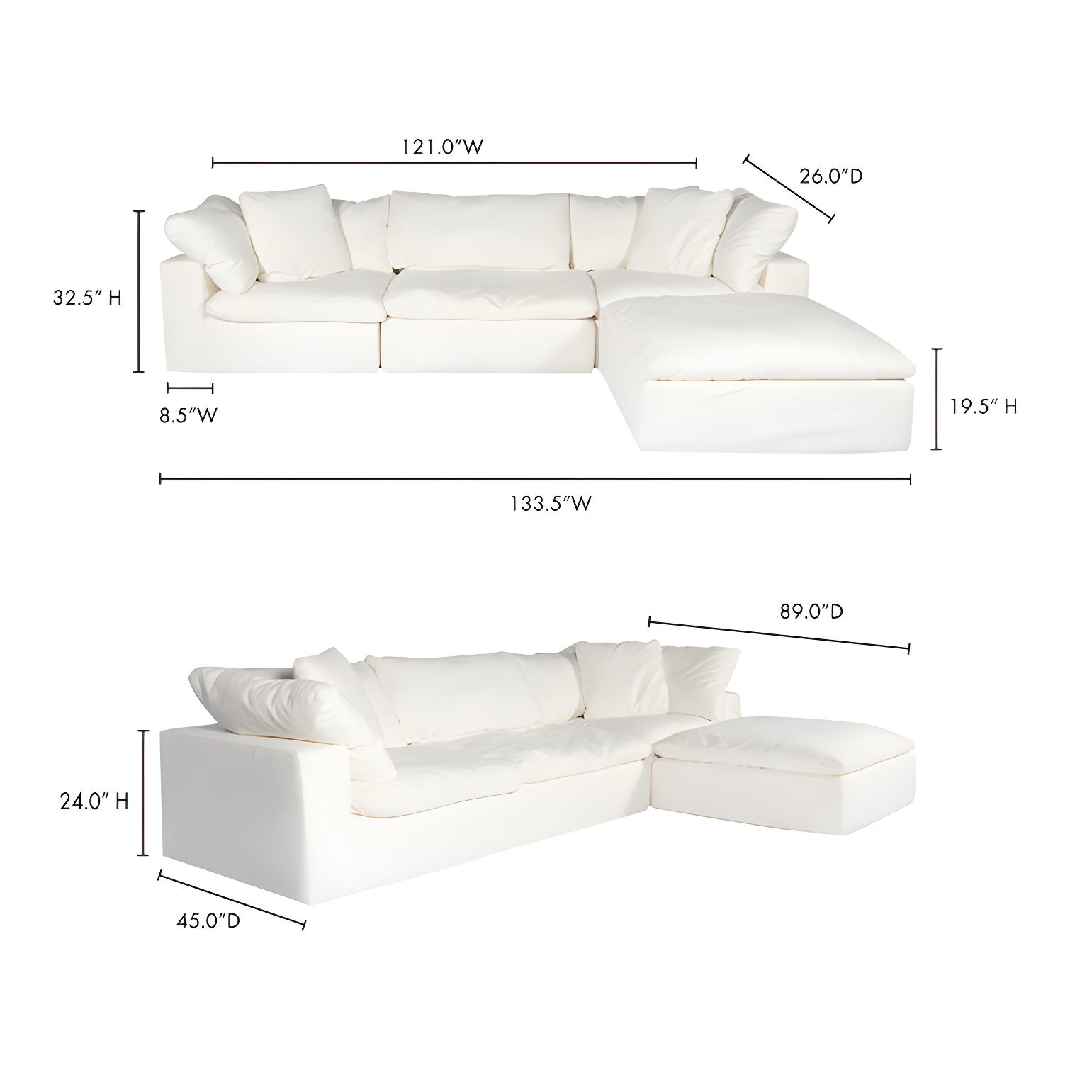 White Performance Fabric Modular Sectional Sofa with Removable Cushions