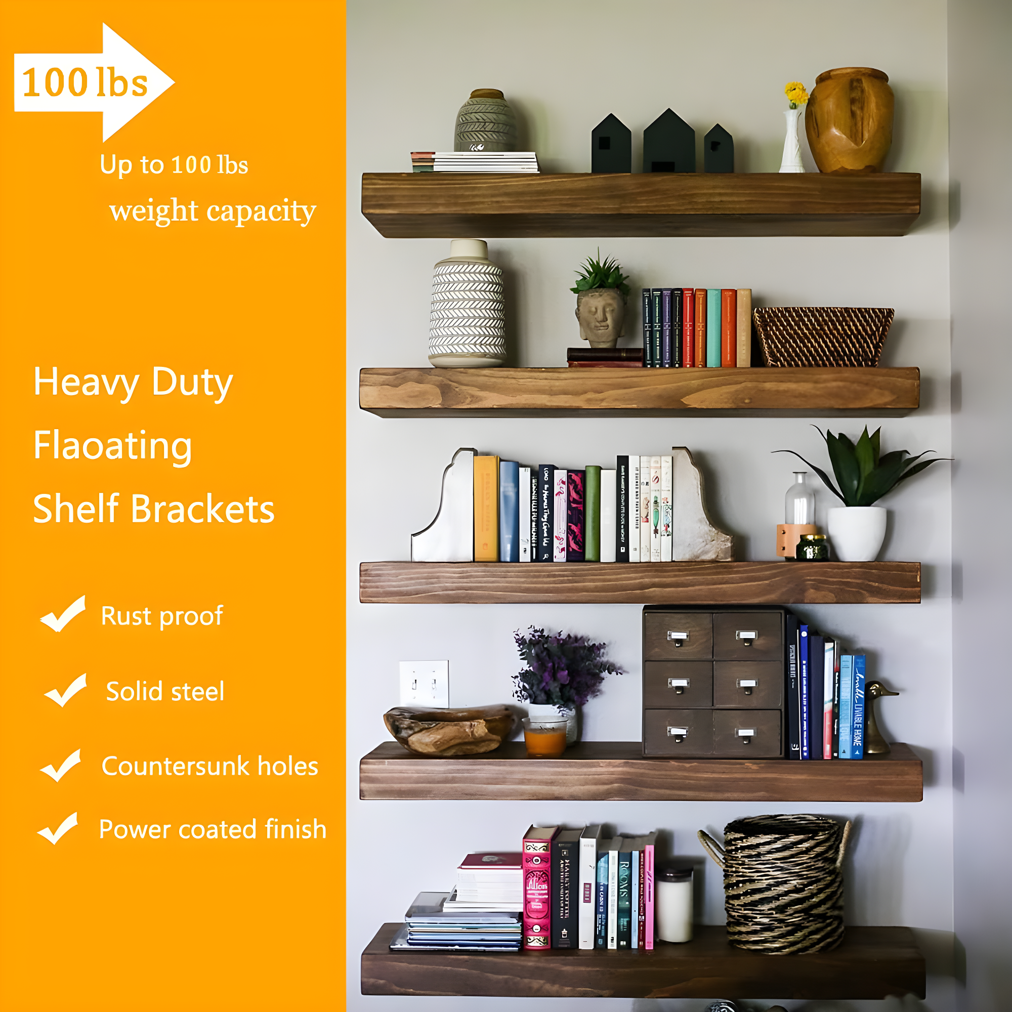 Heavy Duty Floating Shelf Bracket (Set of 6) – Solid Steel Blind Shelf Supports - Hidden Brackets for Floating Wood Shelves - Ideal for Cedar Wood Blocks & Mantels（Large Size）