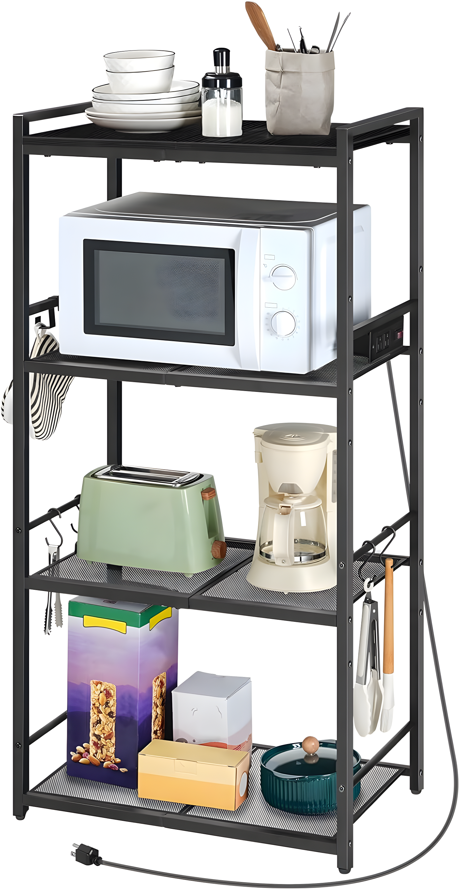 Bakers Rack with Power Outlet, Microwave Stand with Hooks, Multifunctional Storage Rack, Coffee Bar with Enclosure, Kitchen Storage Shelf, for Kitchen, Dining Room, Black BRHB40E01