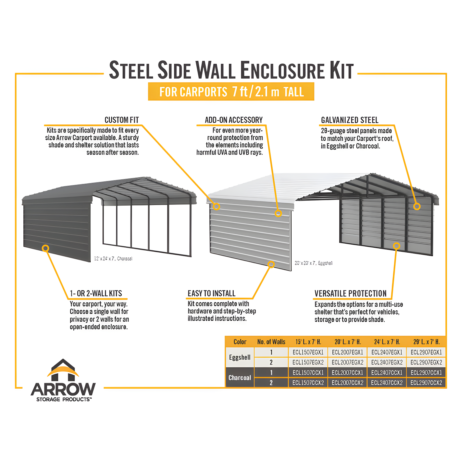 Arrow Arrow Steel Carport with 1 Side Wall Kit, 12X24X07
