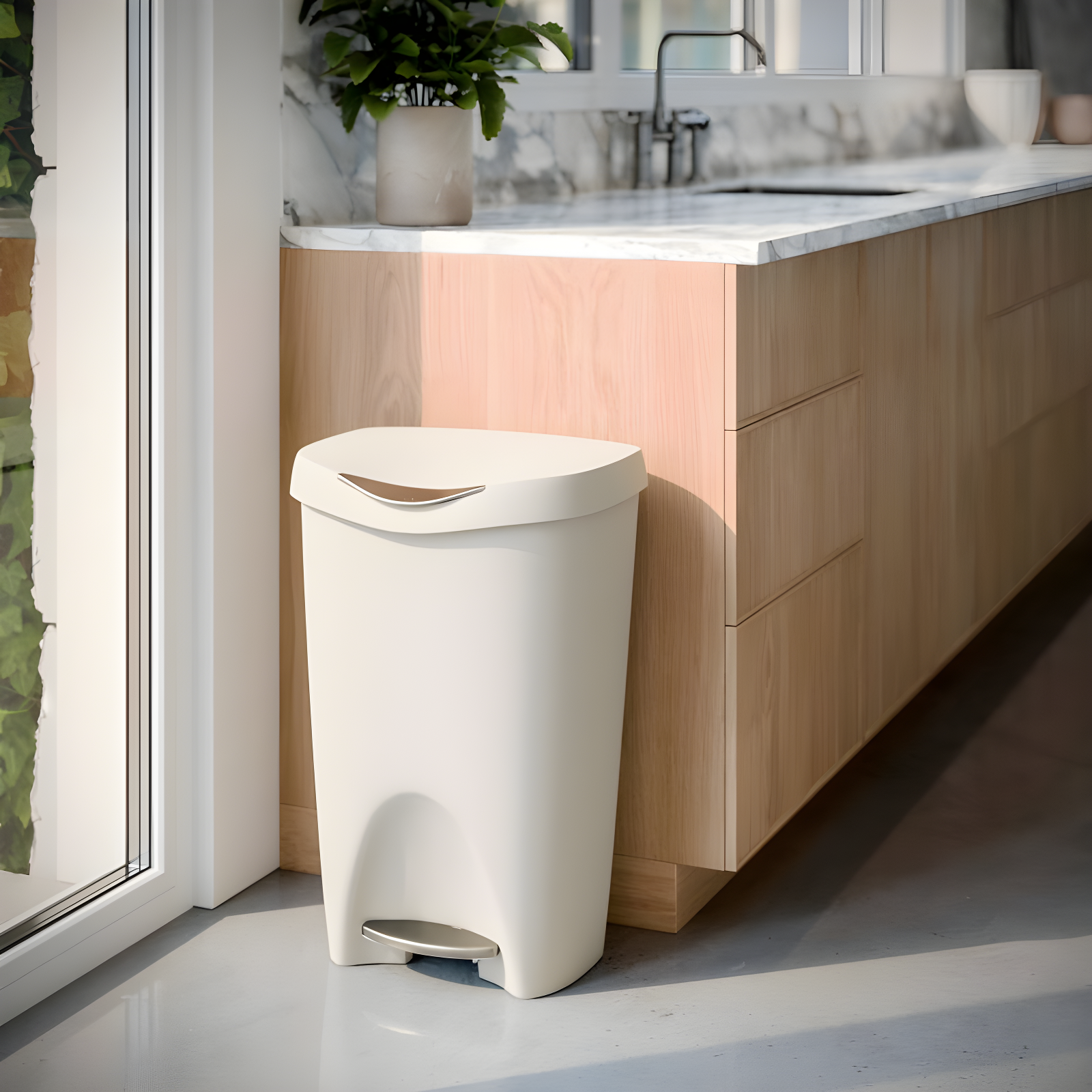 Umbra 13gal Brim Step Trash Can Sand: Kitchen Trash Can, Quiet Closing Lid, Polypropylene, Indoor, 50 Quart Capacity