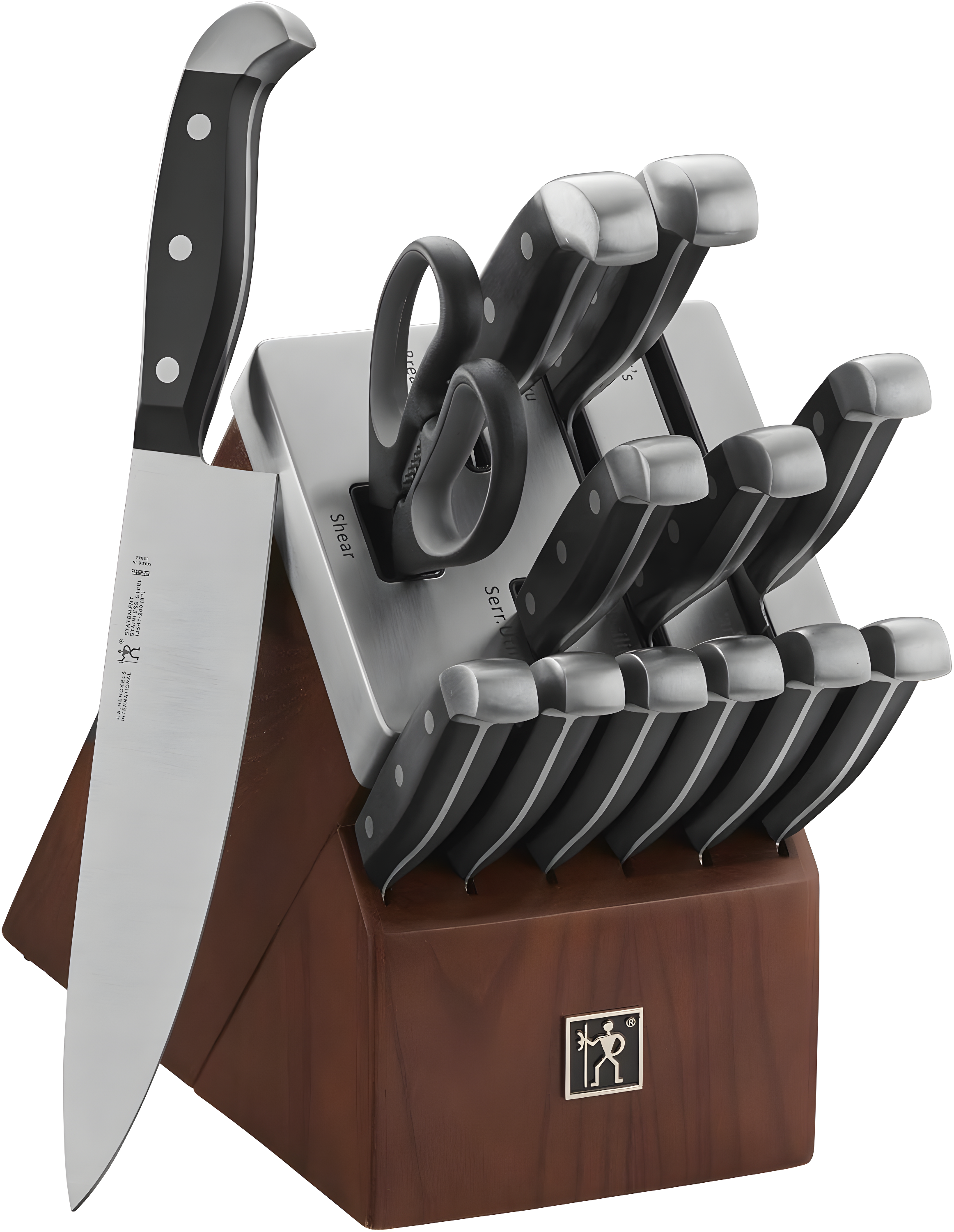 Henckels Statement Self-Sharpening Knife Set with Block, Chef Knife, Paring Knife, Bread Knife, Steak Knife, 14-piece, Dark Brown, Stainless Steel