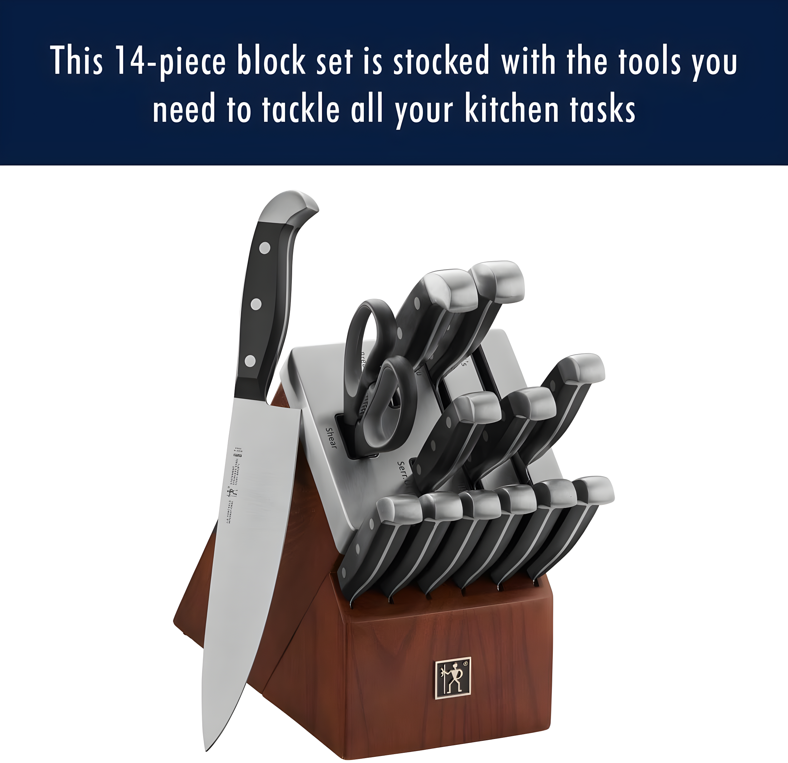 Henckels Statement Self-Sharpening Knife Set with Block, Chef Knife, Paring Knife, Bread Knife, Steak Knife, 14-piece, Dark Brown, Stainless Steel