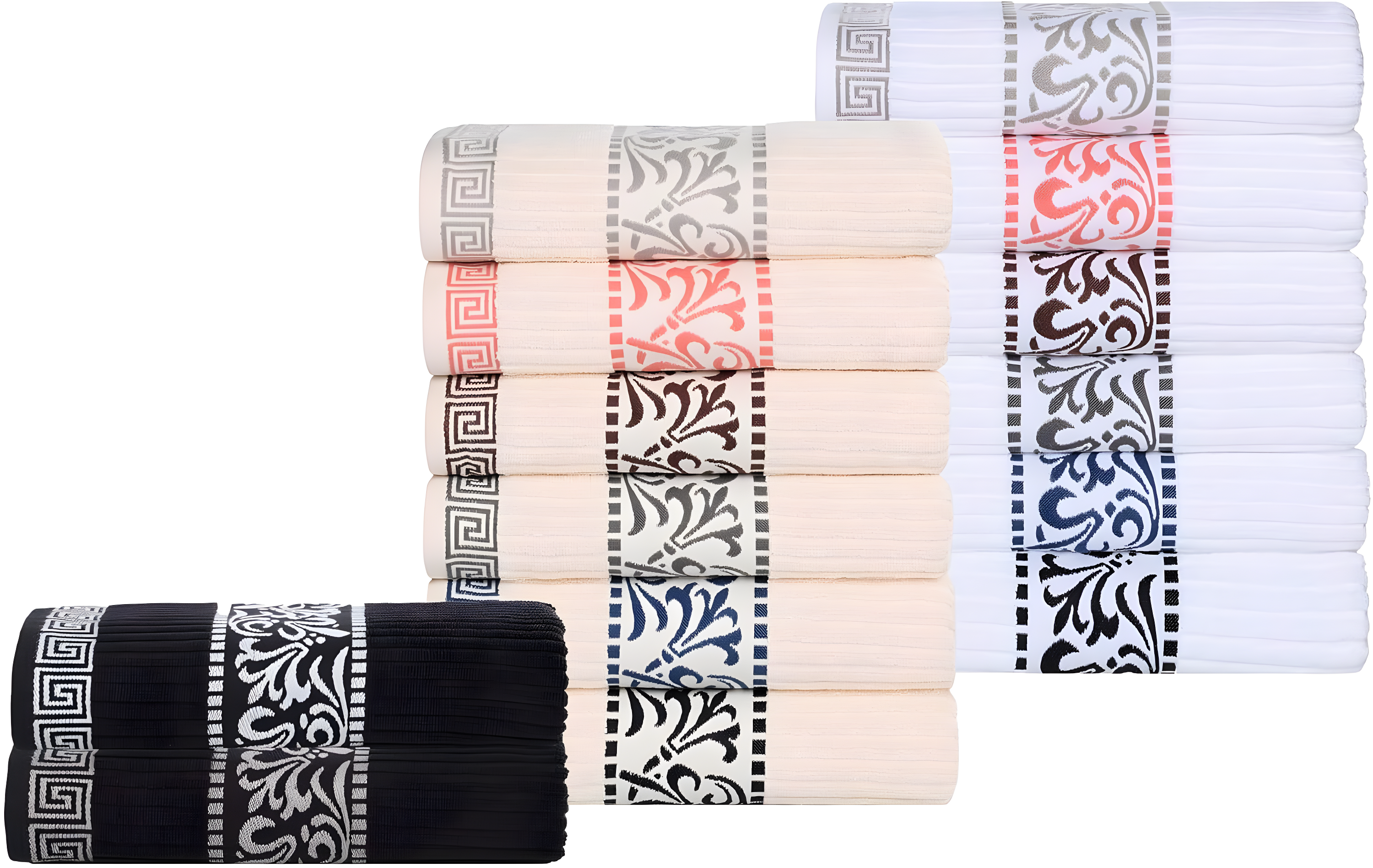 Superior Athens 6-Piece Cotton Greek Scroll Towel Set, Ivory-Gray