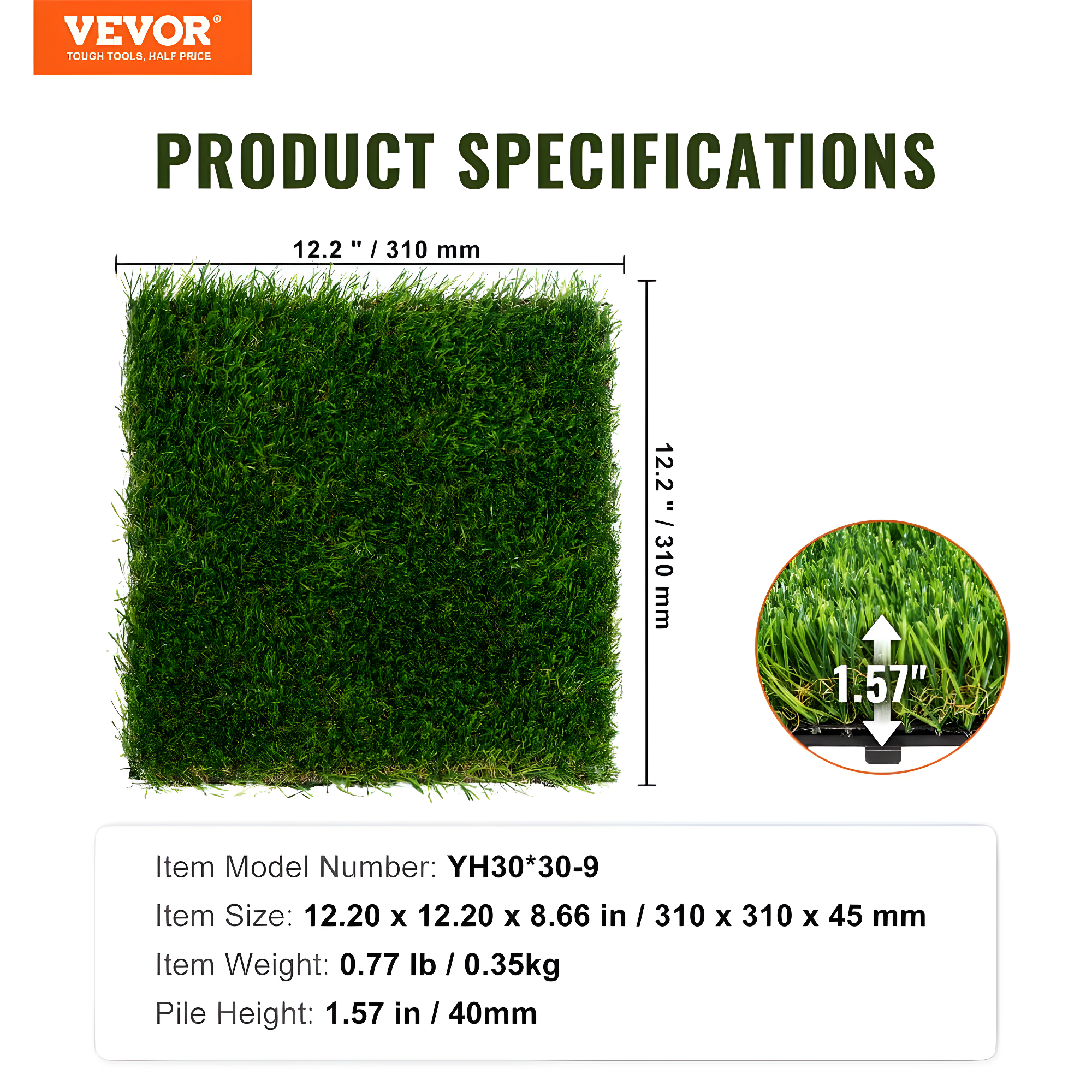 VEVOR 12" x 12" Artificial Grass Turf Panels (Set of 9)