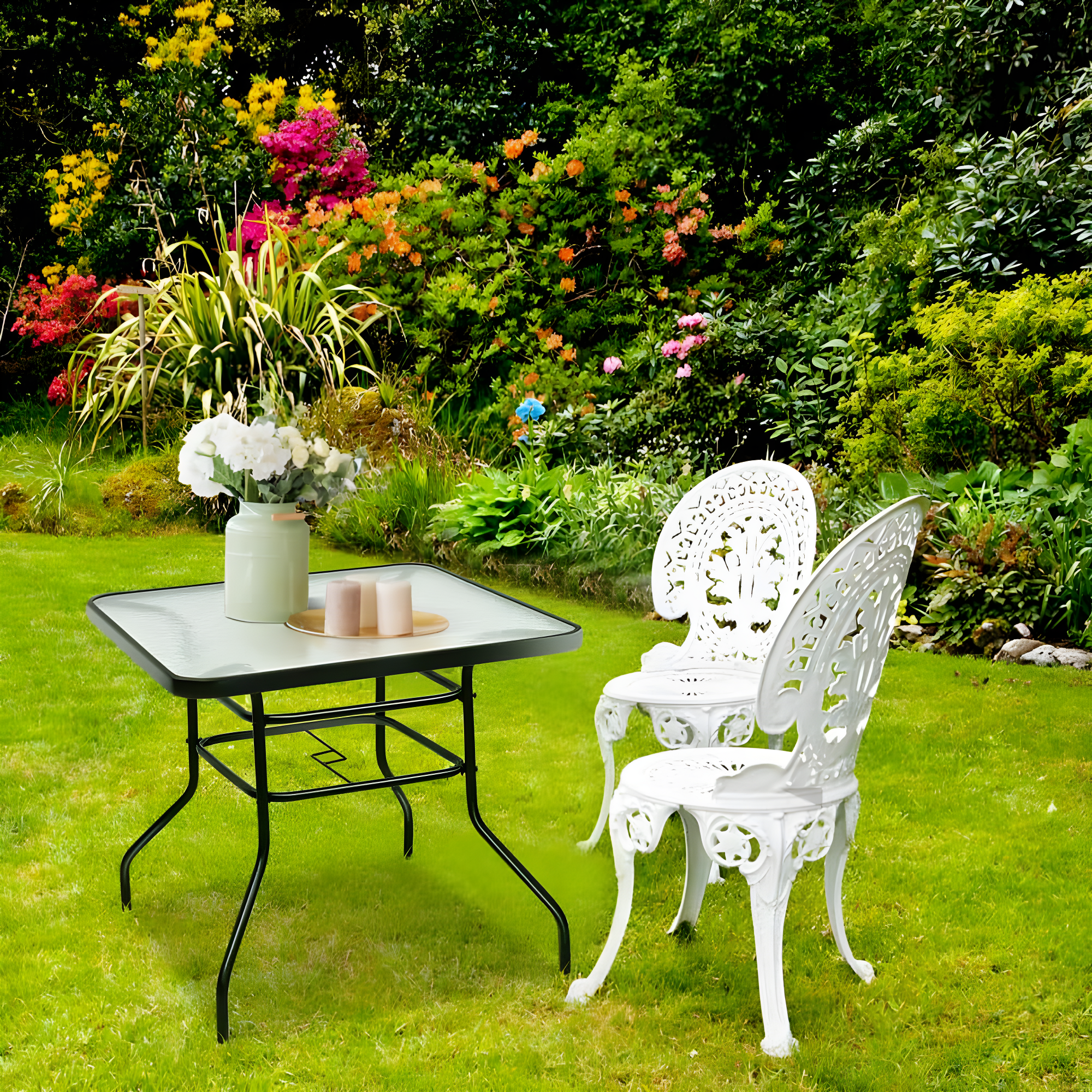 Lark Manor™ Aliyahna 32'' Patio Square Table Tempered Glass Steel Frame Outdoor Pool Yard Garden