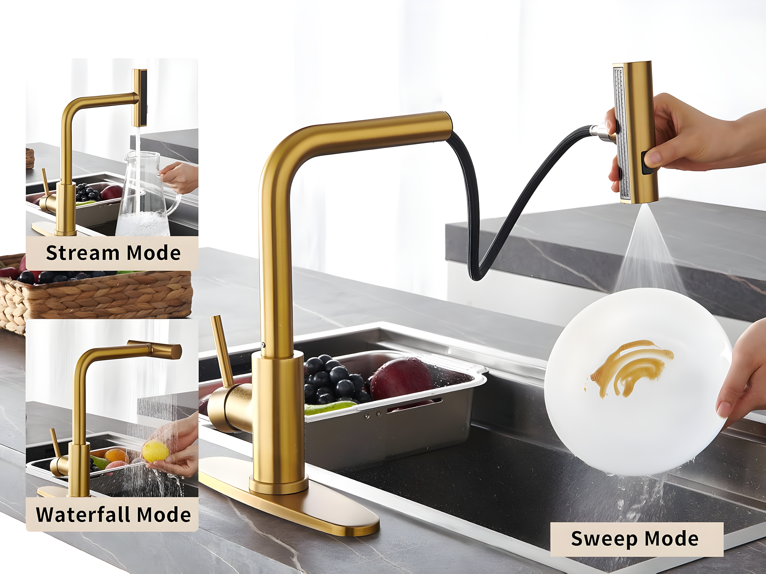 Waterfall Kitchen Faucet with Pull Down Sprayer, Stainless Kitchen Faucet with Sprayer 3 Modes