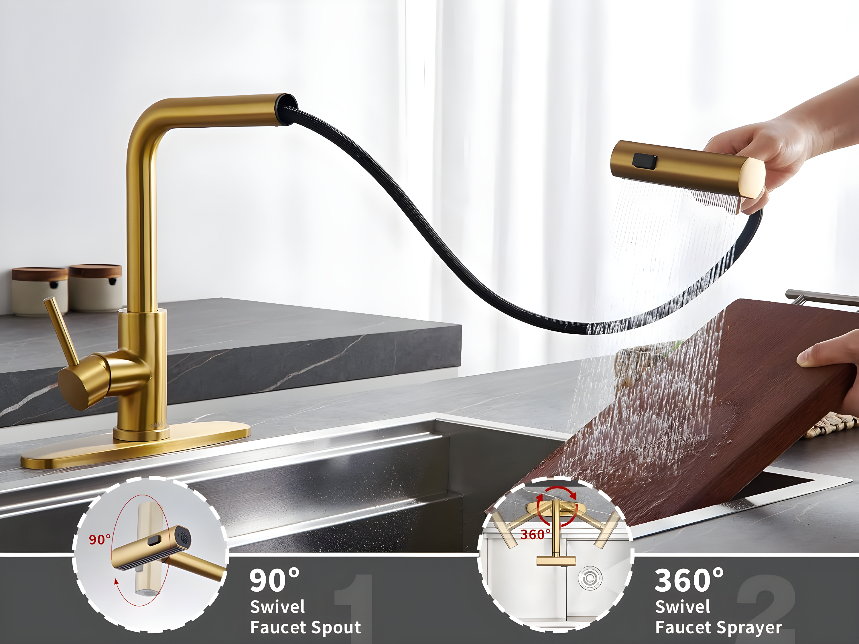 Waterfall Kitchen Faucet with Pull Down Sprayer, Stainless Kitchen Faucet with Sprayer 3 Modes