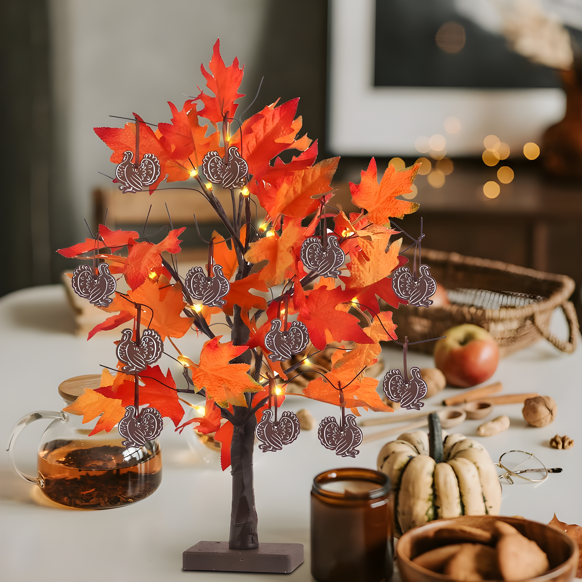 Fall Decorations For Home, 24”/2FT Lighted Fall Maple Leaves Tree With 24LT Warm White Leds For Autumn Decor, 12 Wood Acorns Ornaments Battery Powered Timer For Home Decor, Thanksgiving