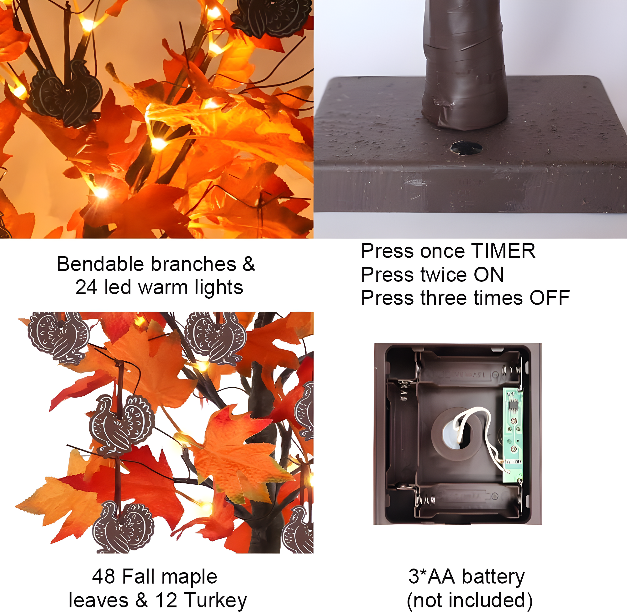 Fall Decorations For Home, 24”/2FT Lighted Fall Maple Leaves Tree With 24LT Warm White Leds For Autumn Decor, 12 Wood Acorns Ornaments Battery Powered Timer For Home Decor, Thanksgiving