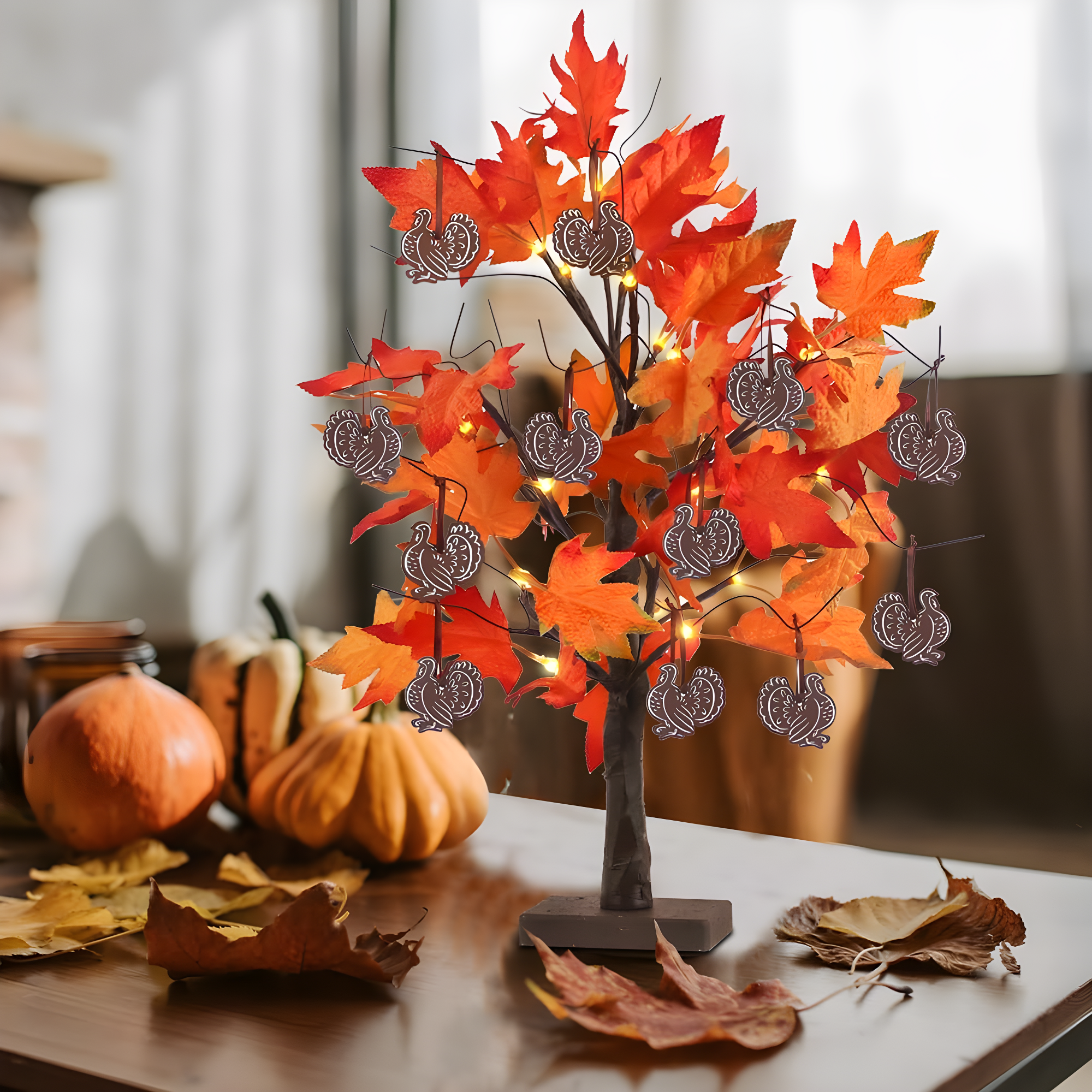 Fall Decorations For Home, 24”/2FT Lighted Fall Maple Leaves Tree With 24LT Warm White Leds For Autumn Decor, 12 Wood Acorns Ornaments Battery Powered Timer For Home Decor, Thanksgiving
