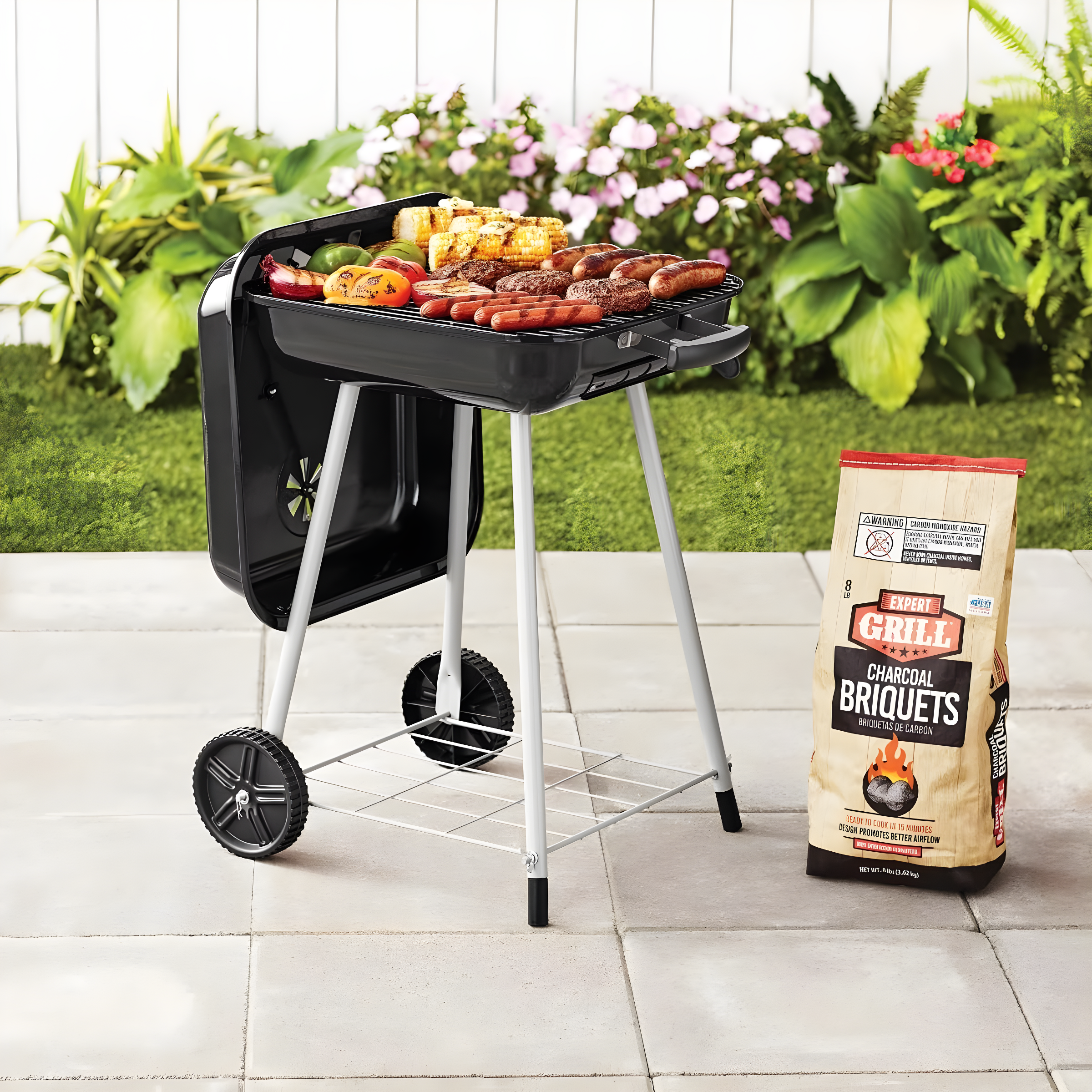 Large Black Steel Charcoal Grill with Wheels and Smoker