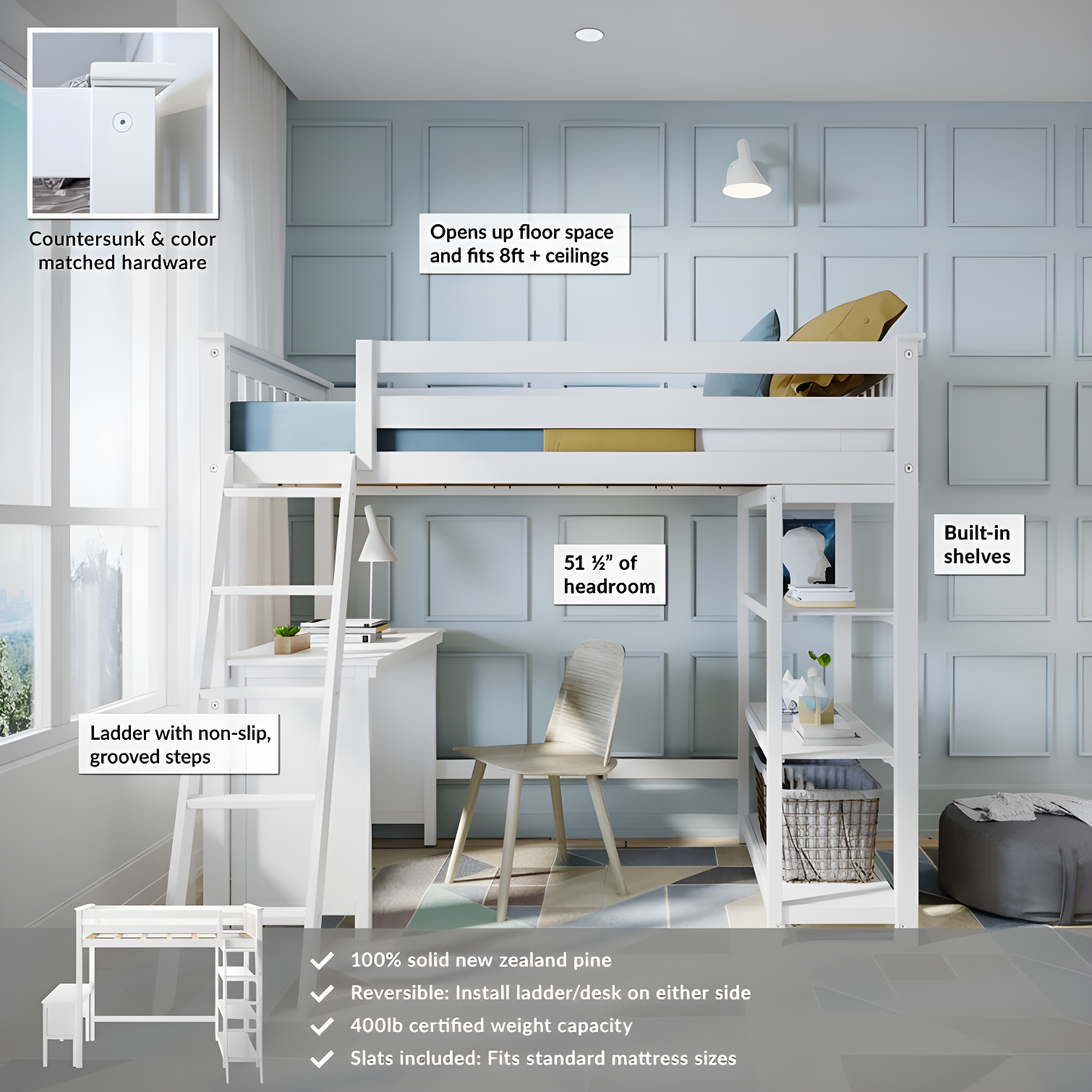 Forbes Twin Pine Loft Bed with Shelves