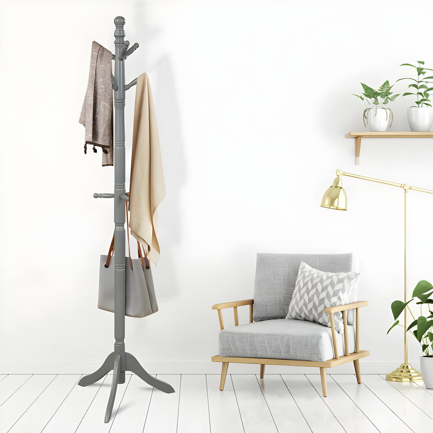 Tangkula Free Standing Coat Rack Solid Wood Hall Tree w/9 Hooks & 2 Adjustable Height Grey