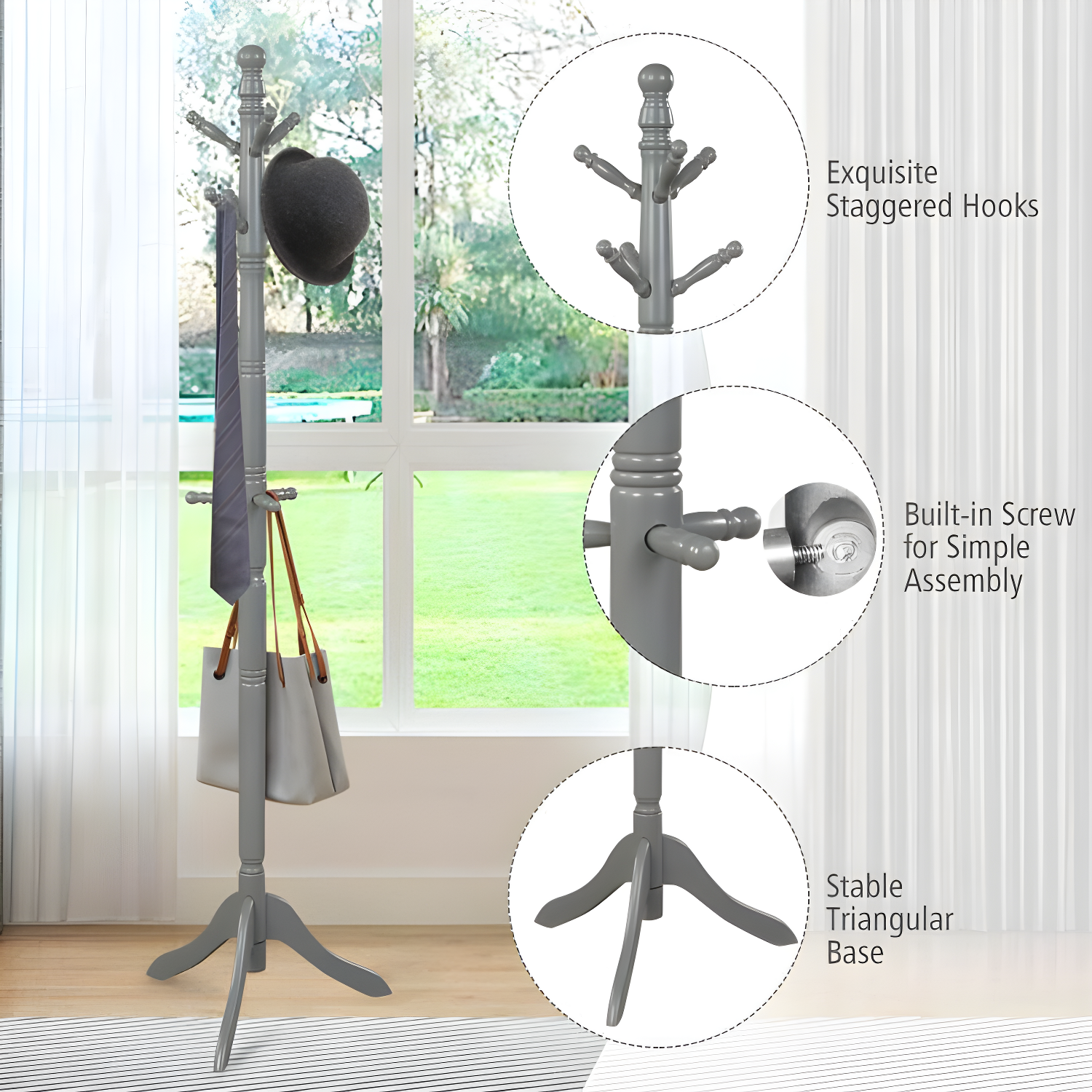 Tangkula Free Standing Coat Rack Solid Wood Hall Tree w/9 Hooks & 2 Adjustable Height Grey