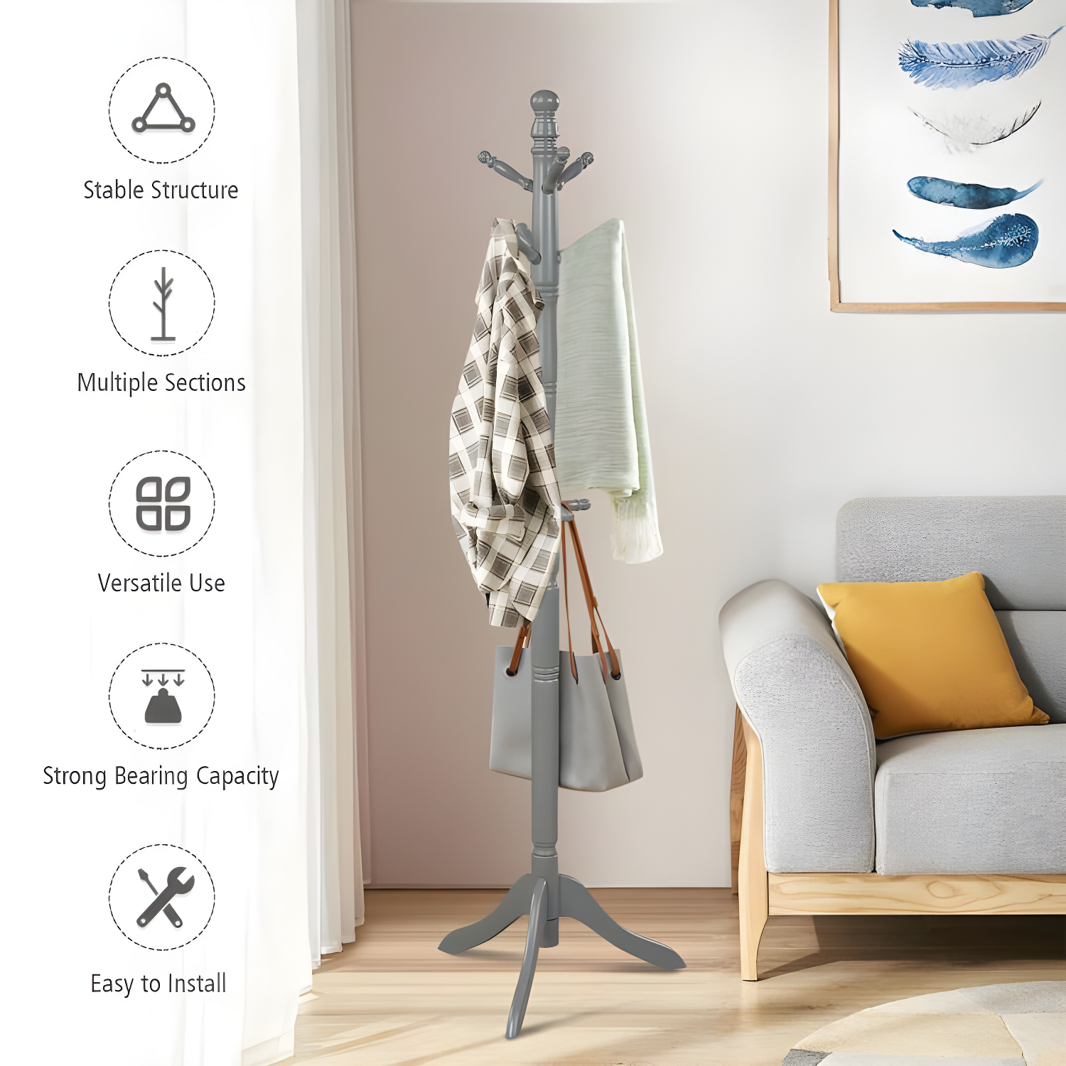 Tangkula Free Standing Coat Rack Solid Wood Hall Tree w/9 Hooks & 2 Adjustable Height Grey