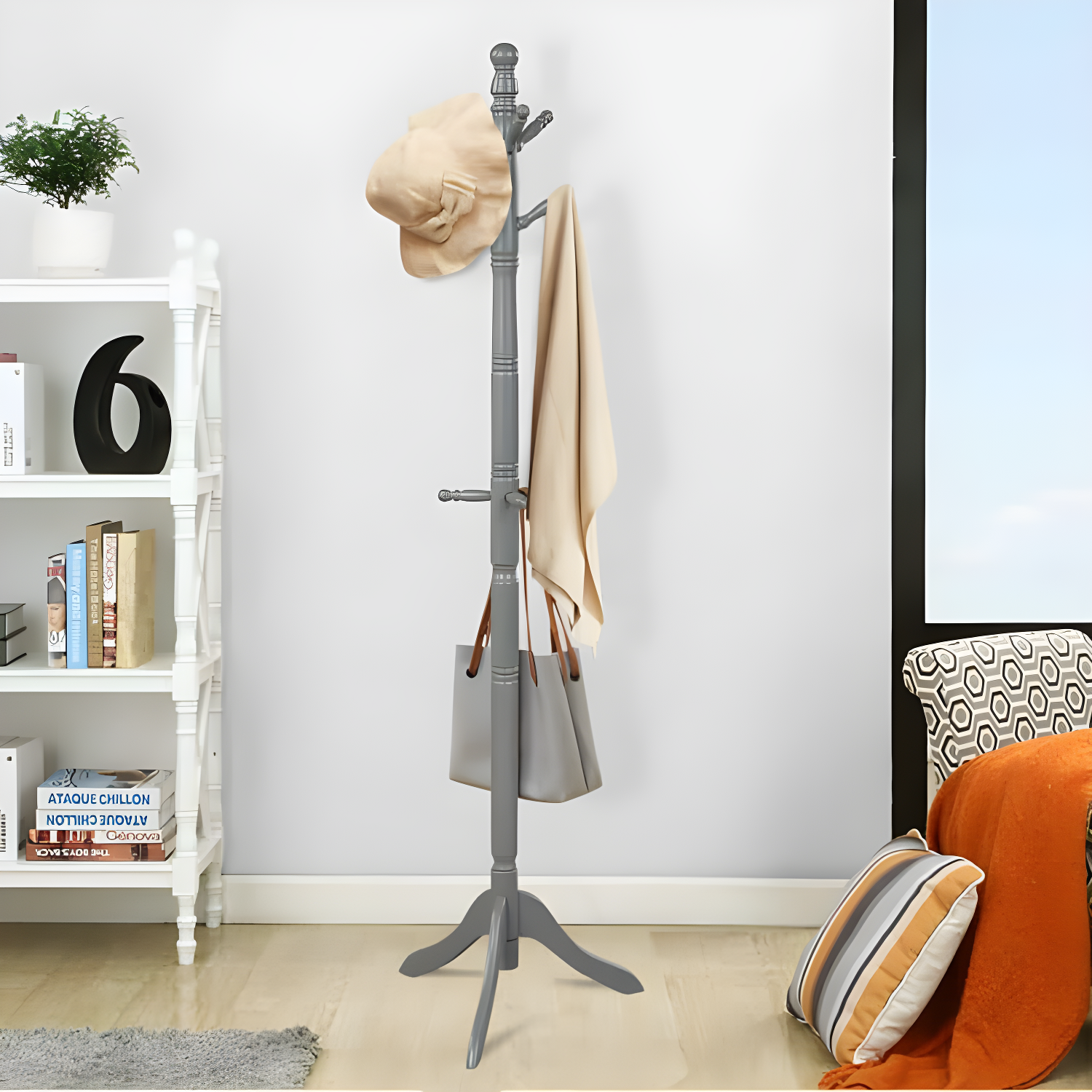 Tangkula Free Standing Coat Rack Solid Wood Hall Tree w/9 Hooks & 2 Adjustable Height Grey