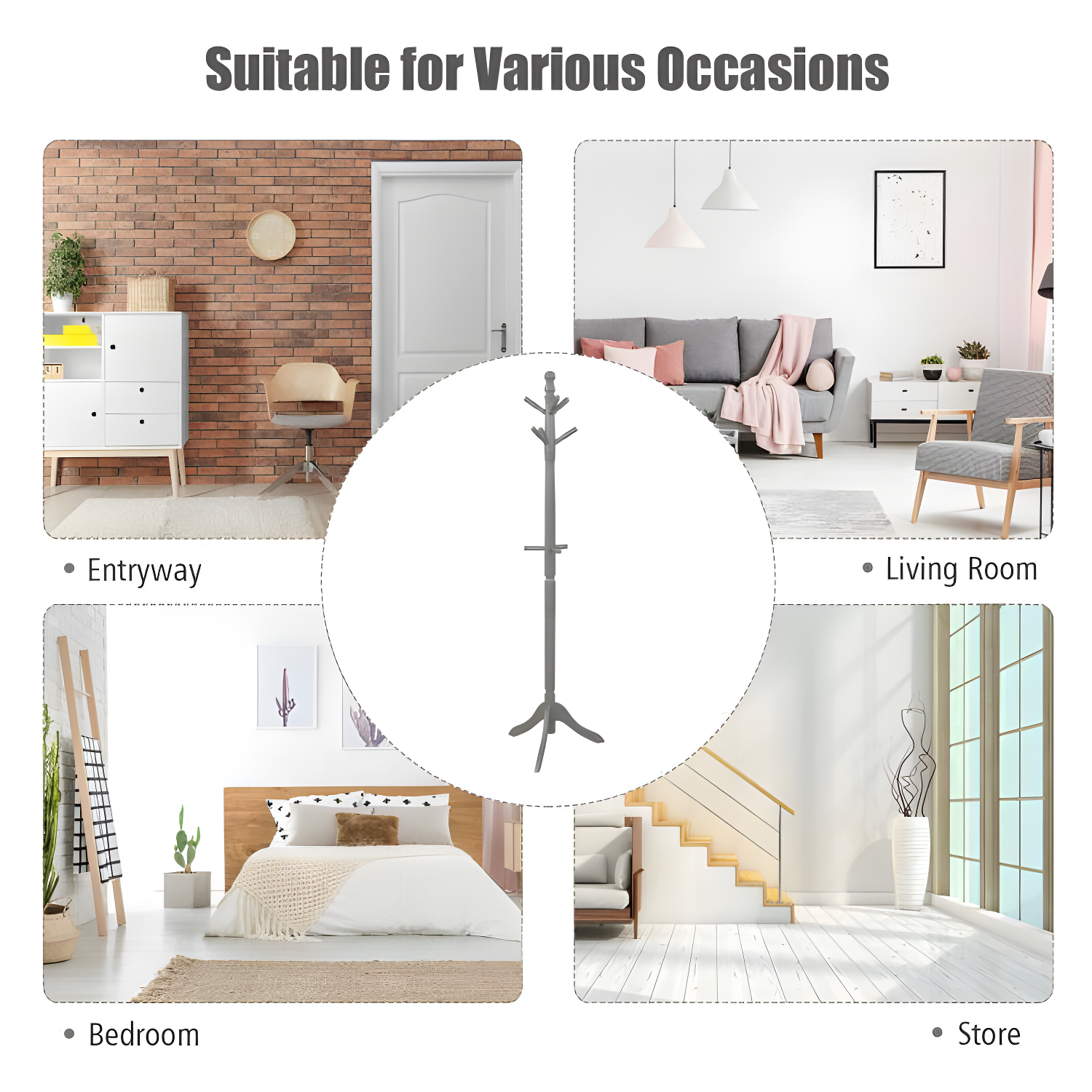 Tangkula Free Standing Coat Rack Solid Wood Hall Tree w/9 Hooks & 2 Adjustable Height Grey
