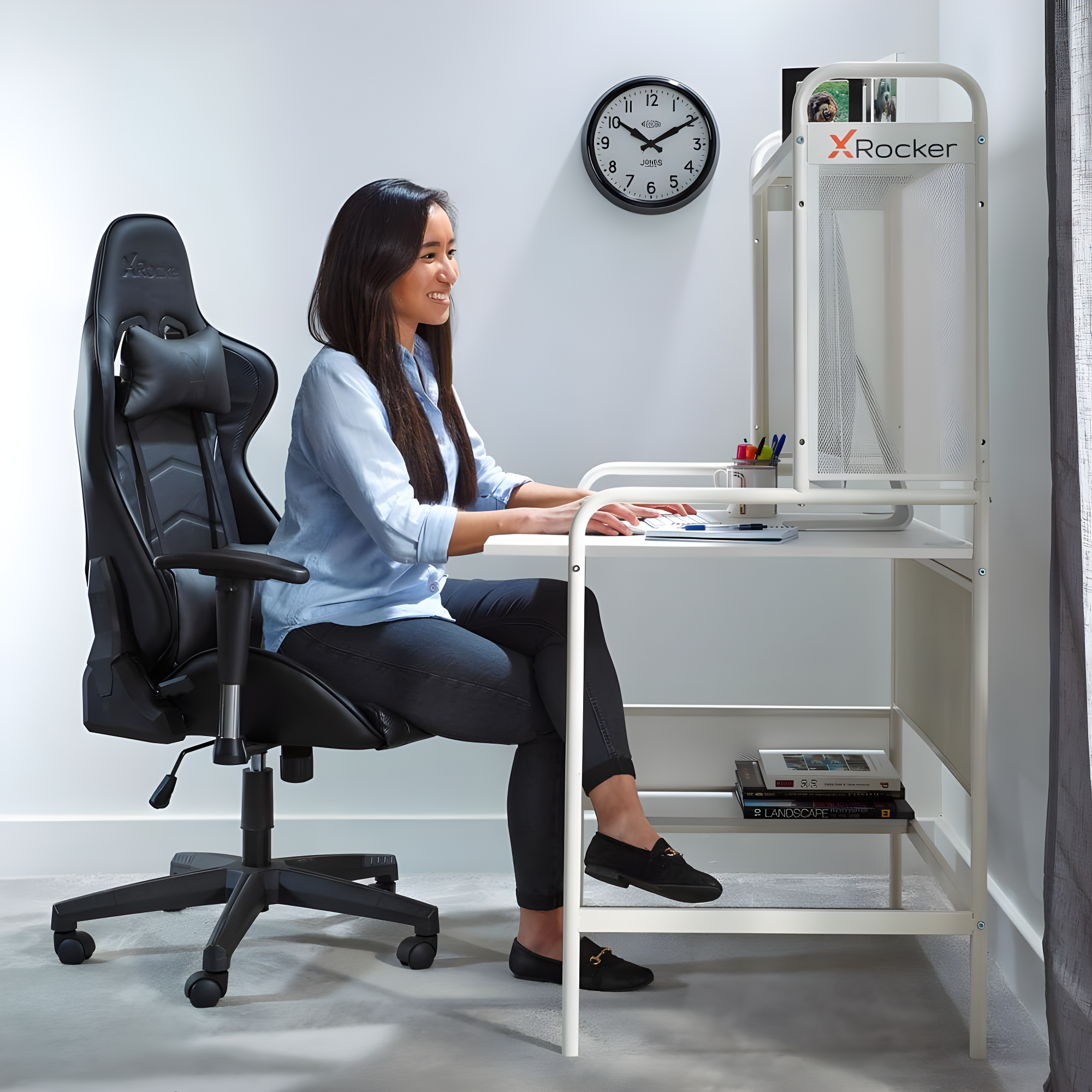 X Rocker iCarus Mesh Gaming Desk with Wood Desktop White: Steel Frame, Open Storage Shelf