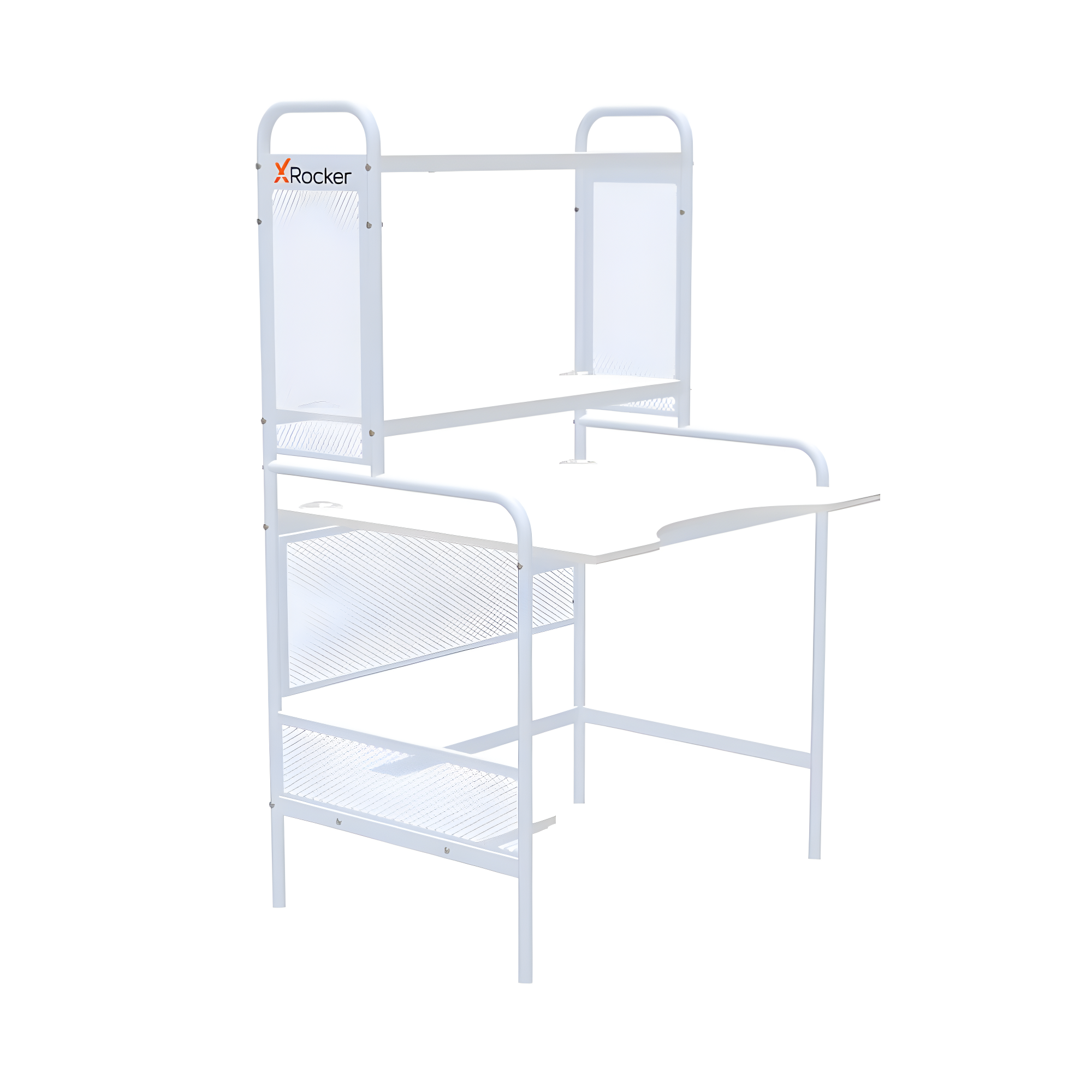 X Rocker iCarus Mesh Gaming Desk with Wood Desktop White: Steel Frame, Open Storage Shelf