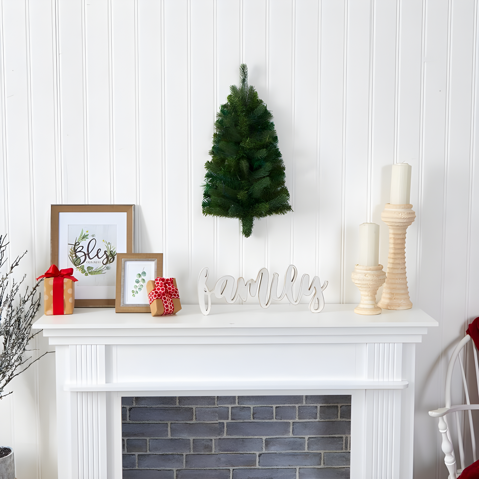 Nearly Natural 2-ft Flat Back Wall Hanging Artificial Christmas Tree with 20 Clear LED Lights