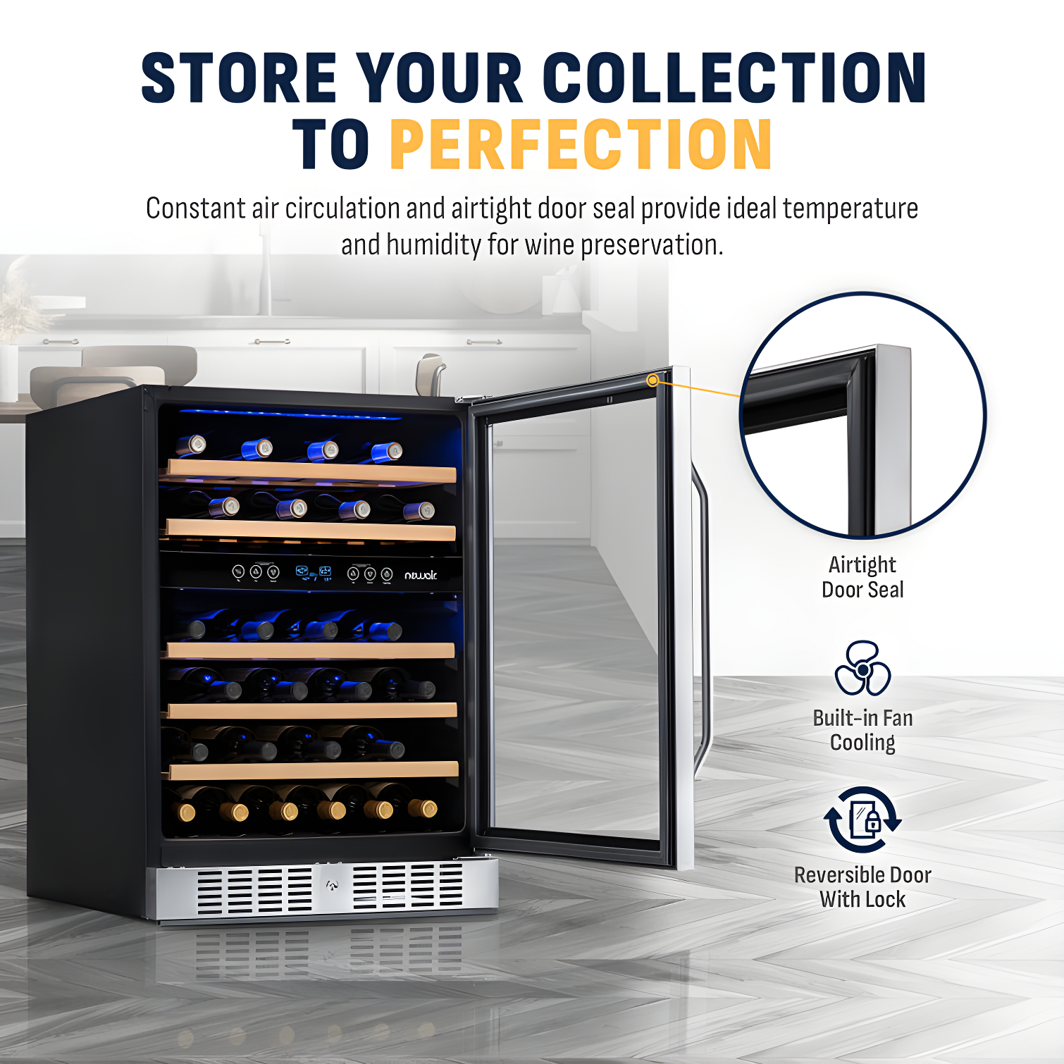 Newair 24” Built-in 46 Bottle Dual Zone Wine Cooler with Removable Beechwood Shelves in Black Stainless Steel
