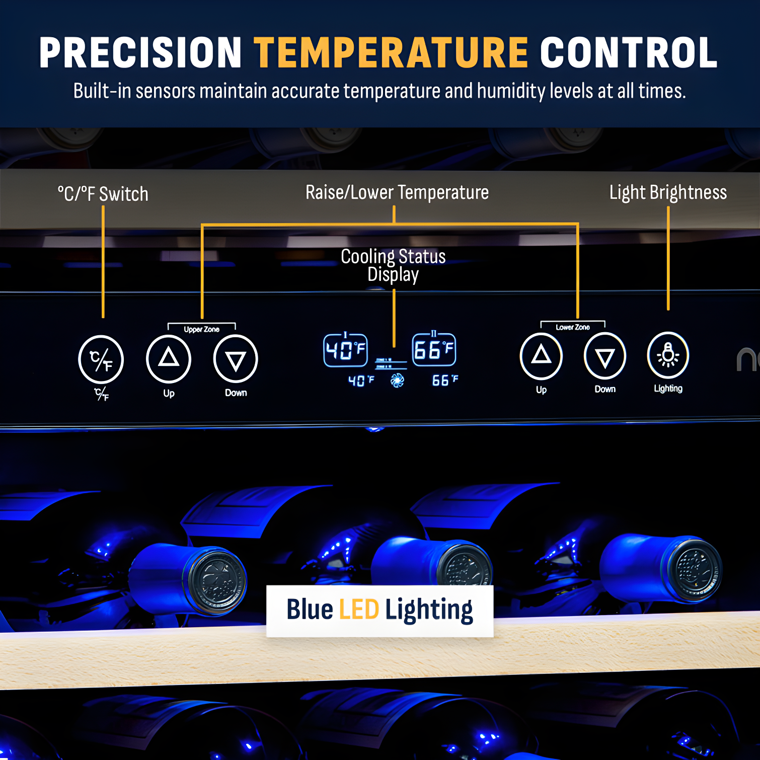 Newair 24” Built-in 46 Bottle Dual Zone Wine Cooler with Removable Beechwood Shelves in Black Stainless Steel