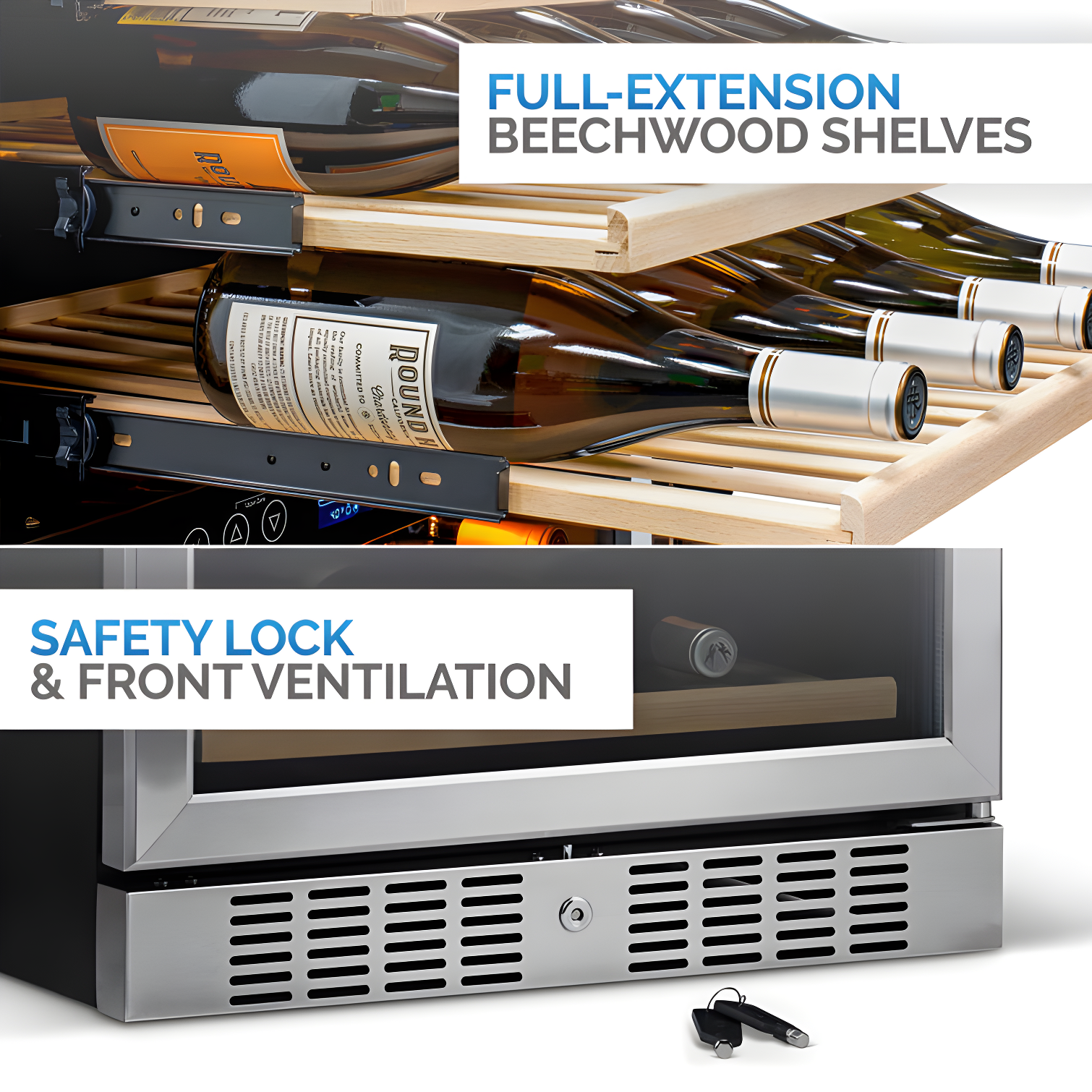 Newair 24” Built-in 46 Bottle Dual Zone Wine Cooler with Removable Beechwood Shelves in Black Stainless Steel