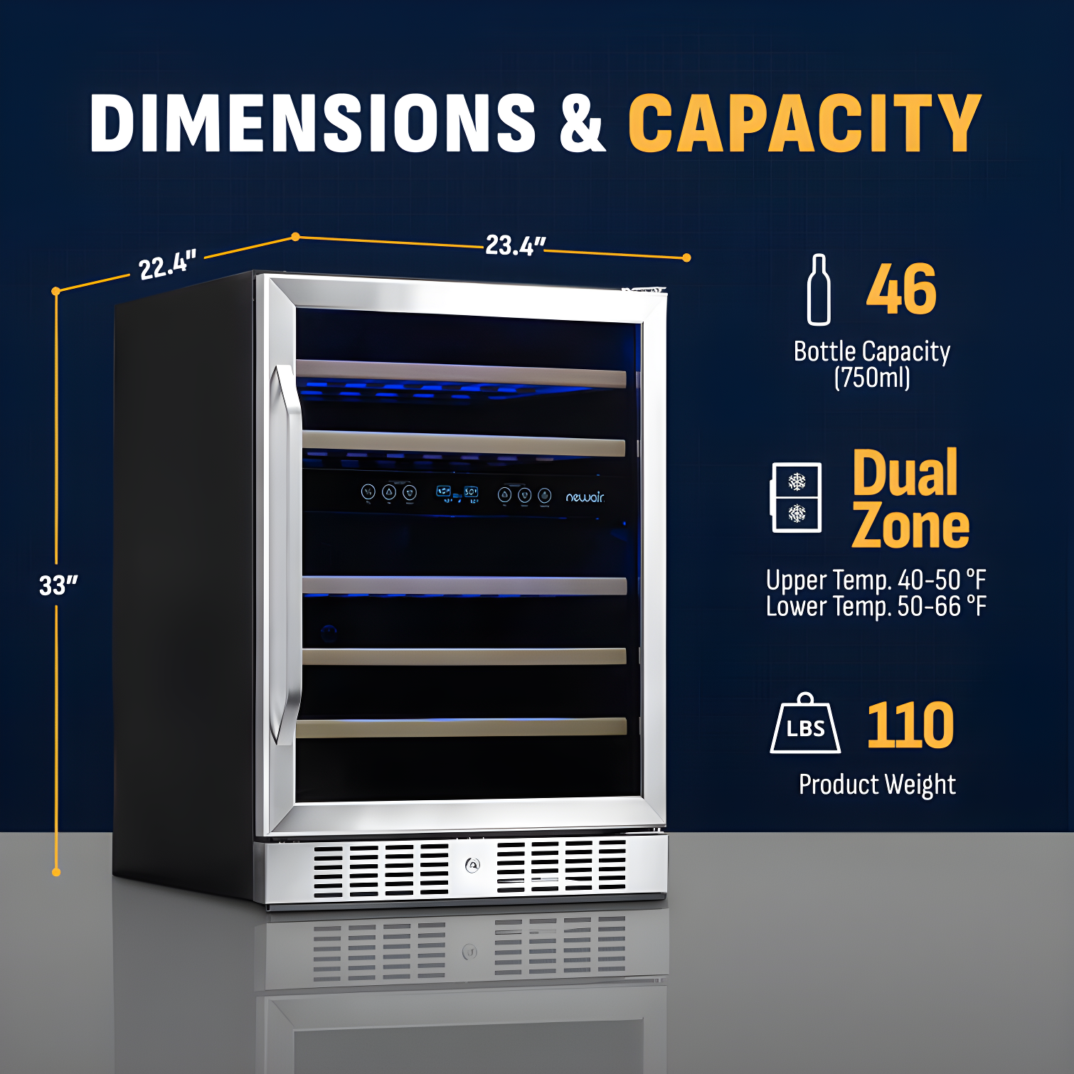Newair 24” Built-in 46 Bottle Dual Zone Wine Cooler with Removable Beechwood Shelves in Black Stainless Steel