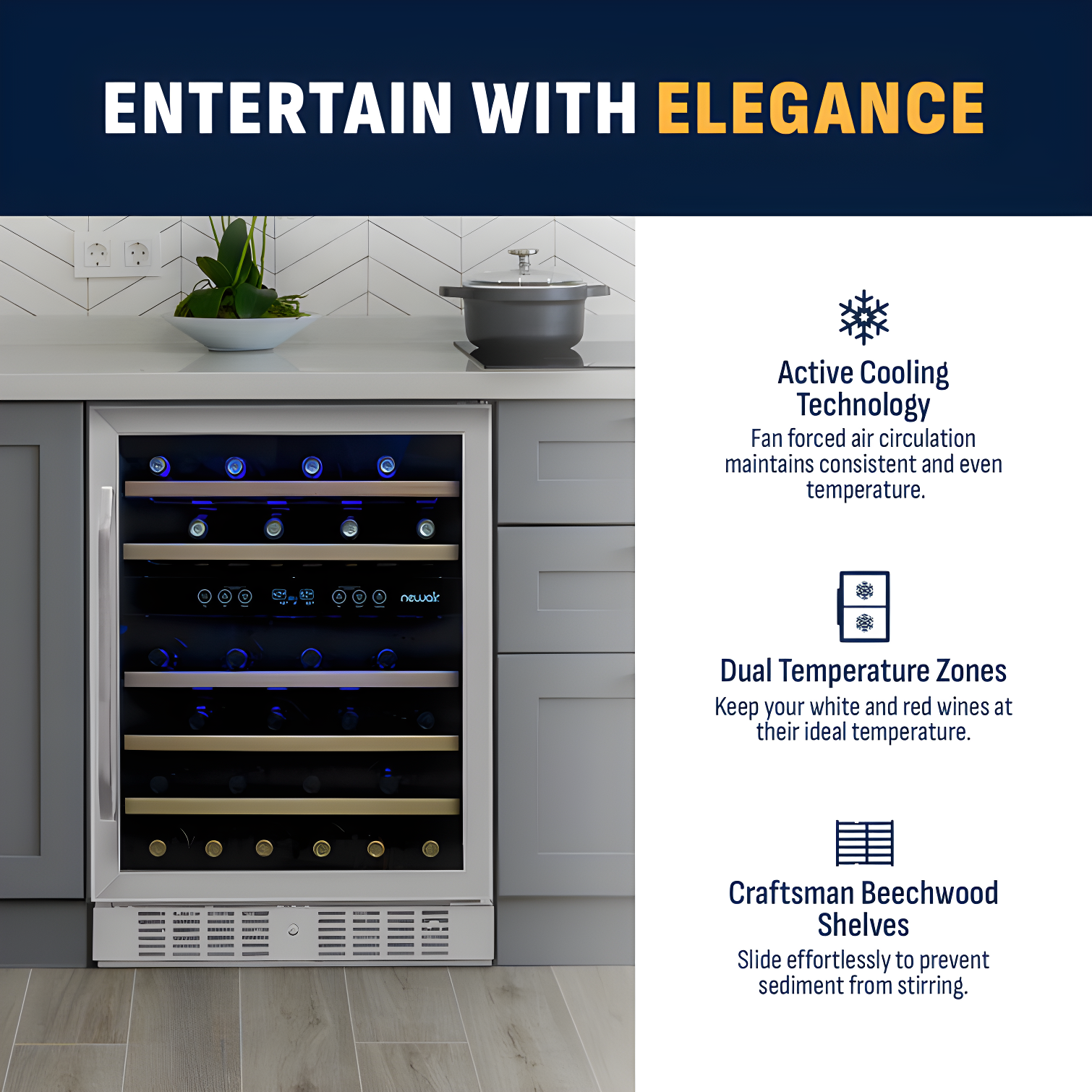 Newair 24” Built-in 46 Bottle Dual Zone Wine Cooler with Removable Beechwood Shelves in Black Stainless Steel