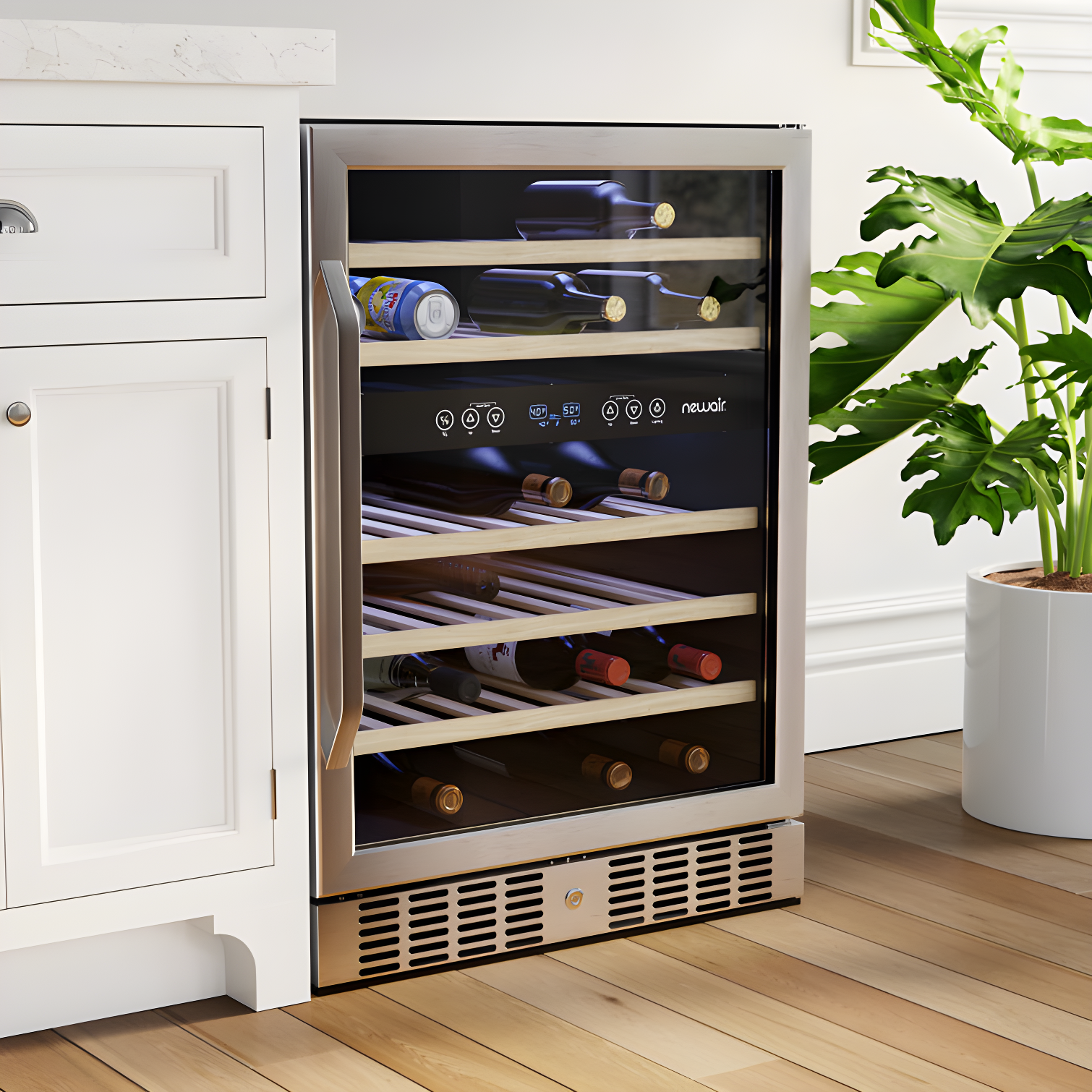 Newair 24” Built-in 46 Bottle Dual Zone Wine Cooler with Removable Beechwood Shelves in Black Stainless Steel