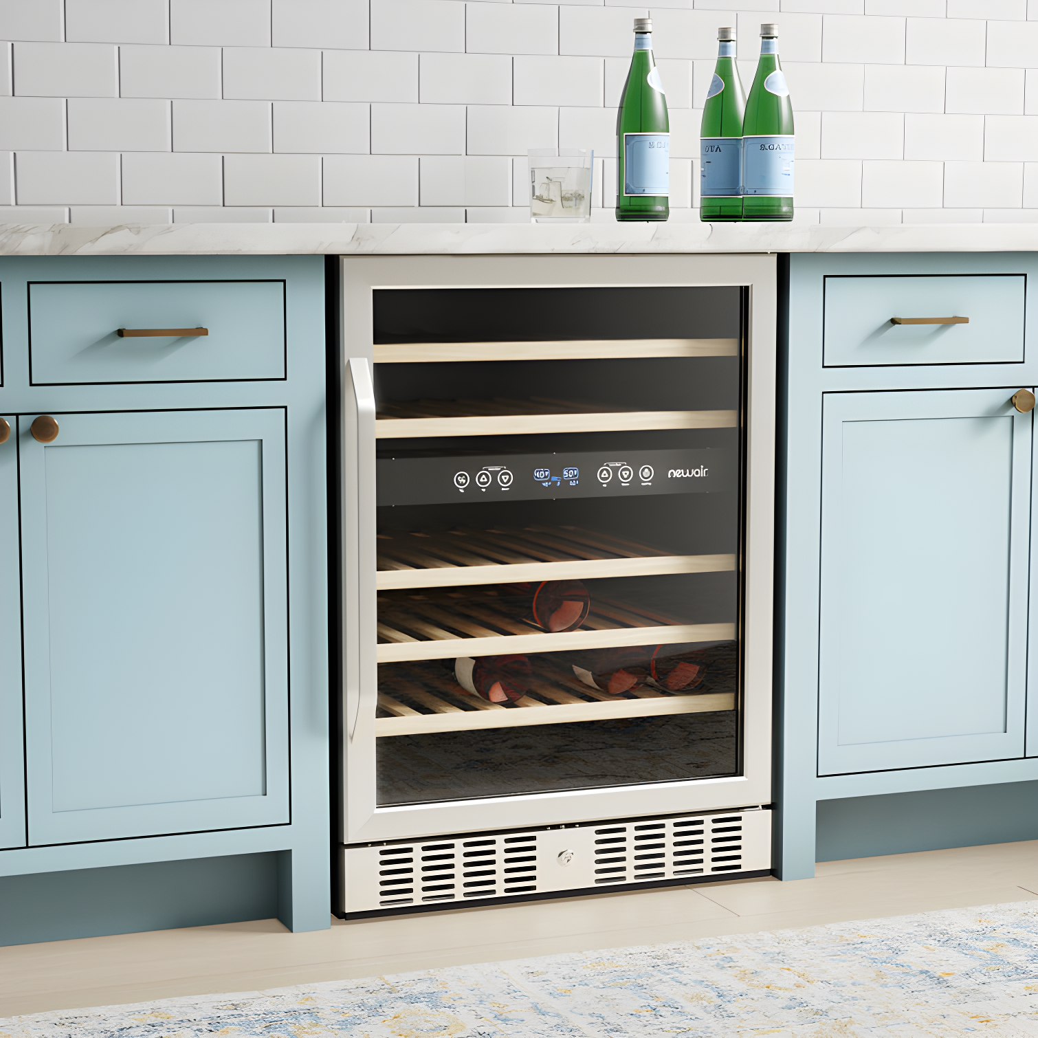 Newair 24” Built-in 46 Bottle Dual Zone Wine Cooler with Removable Beechwood Shelves in Black Stainless Steel