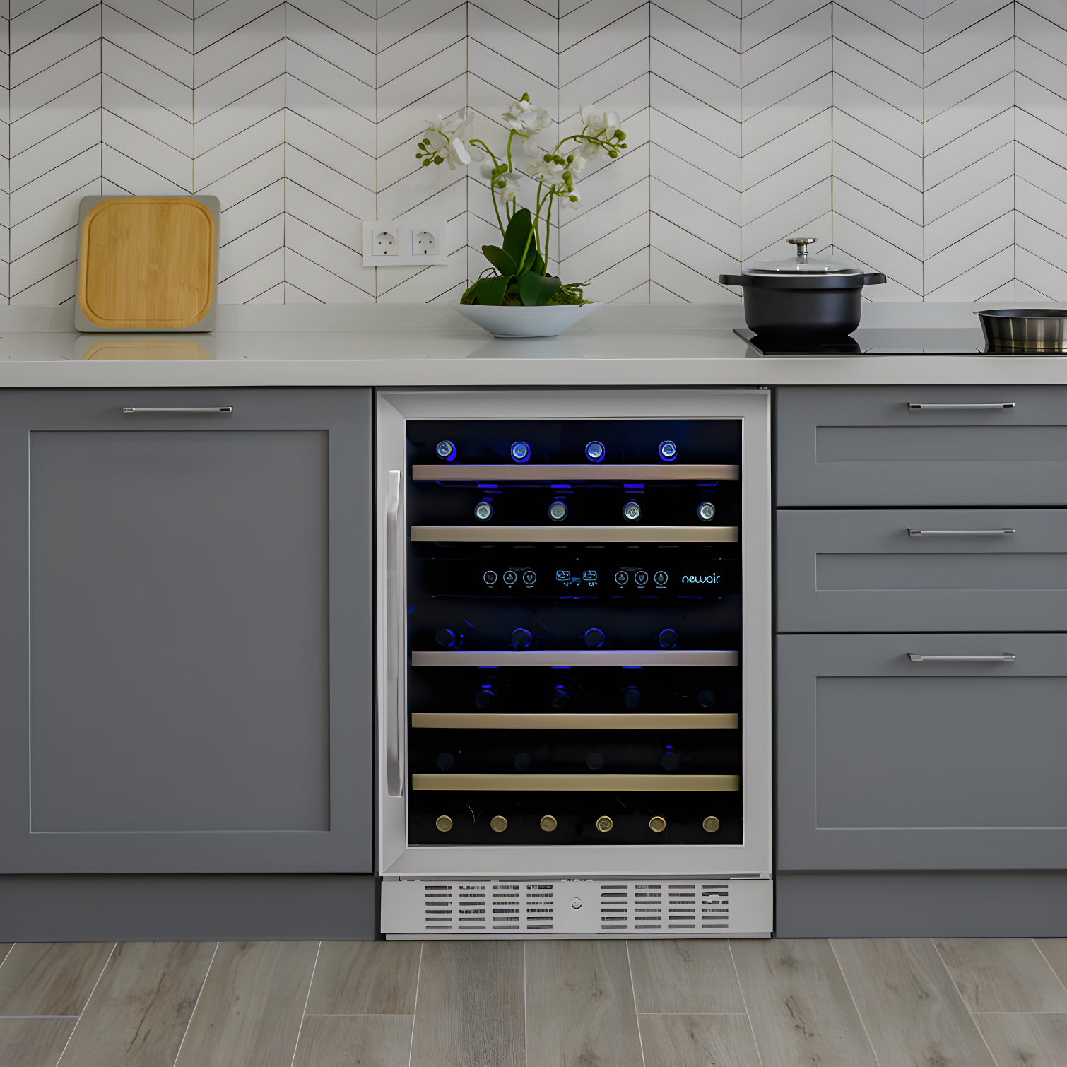 Newair 24” Built-in 46 Bottle Dual Zone Wine Cooler with Removable Beechwood Shelves in Black Stainless Steel