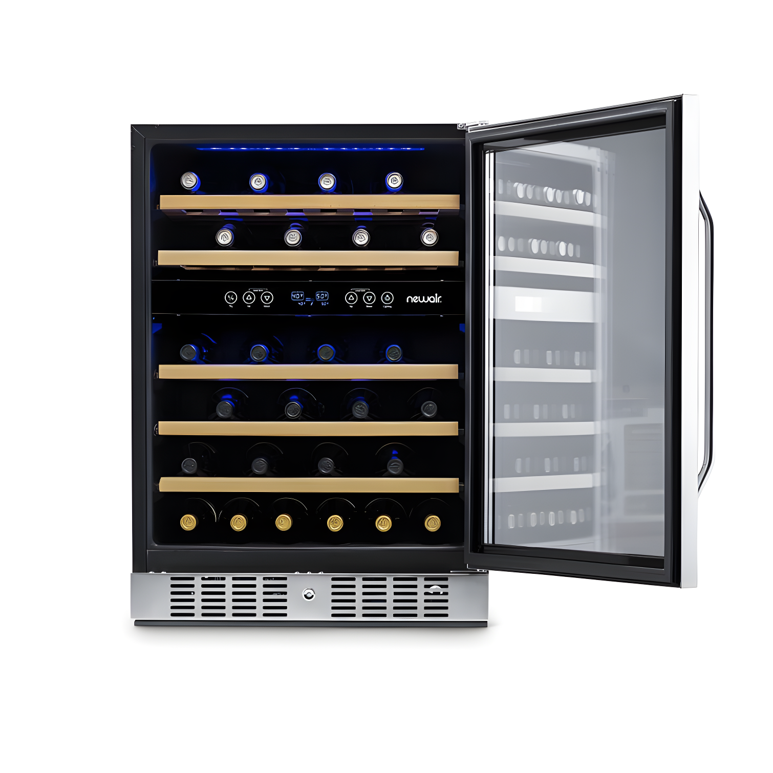 Newair 24” Built-in 46 Bottle Dual Zone Wine Cooler with Removable Beechwood Shelves in Black Stainless Steel