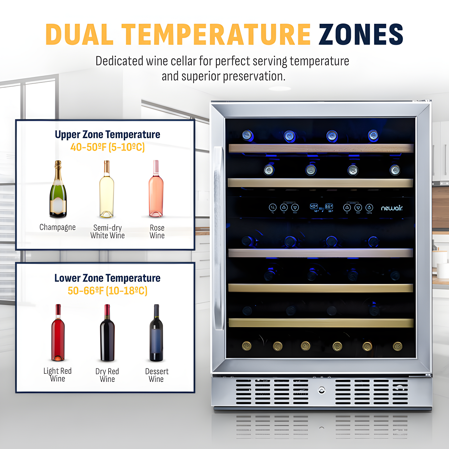 Newair 24” Built-in 46 Bottle Dual Zone Wine Cooler with Removable Beechwood Shelves in Black Stainless Steel
