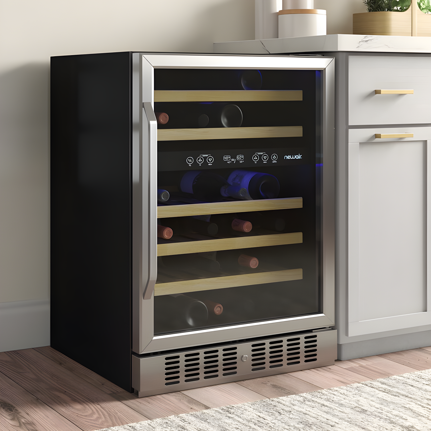 Newair 24” Built-in 46 Bottle Dual Zone Wine Cooler with Removable Beechwood Shelves in Black Stainless Steel