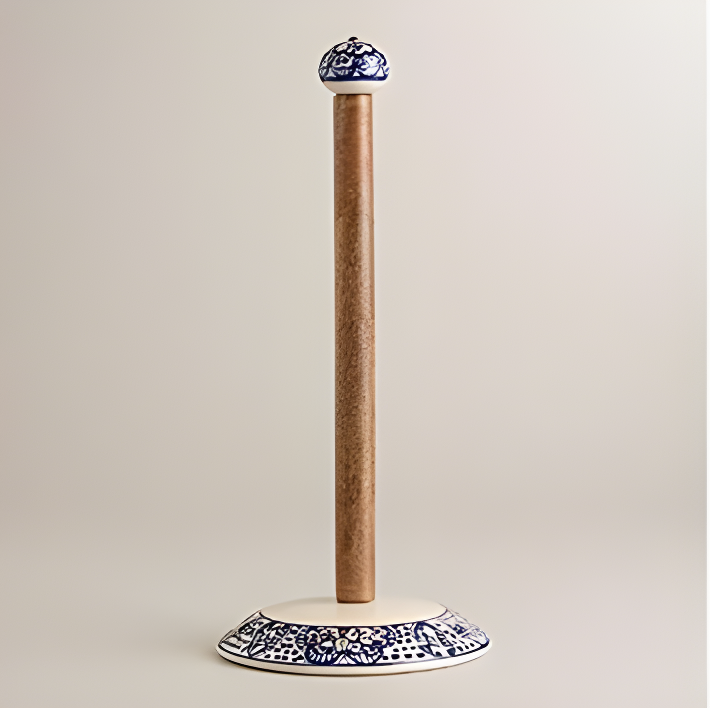 Handcrafted Blue and White Ceramic and Wood Paper Towel Holder