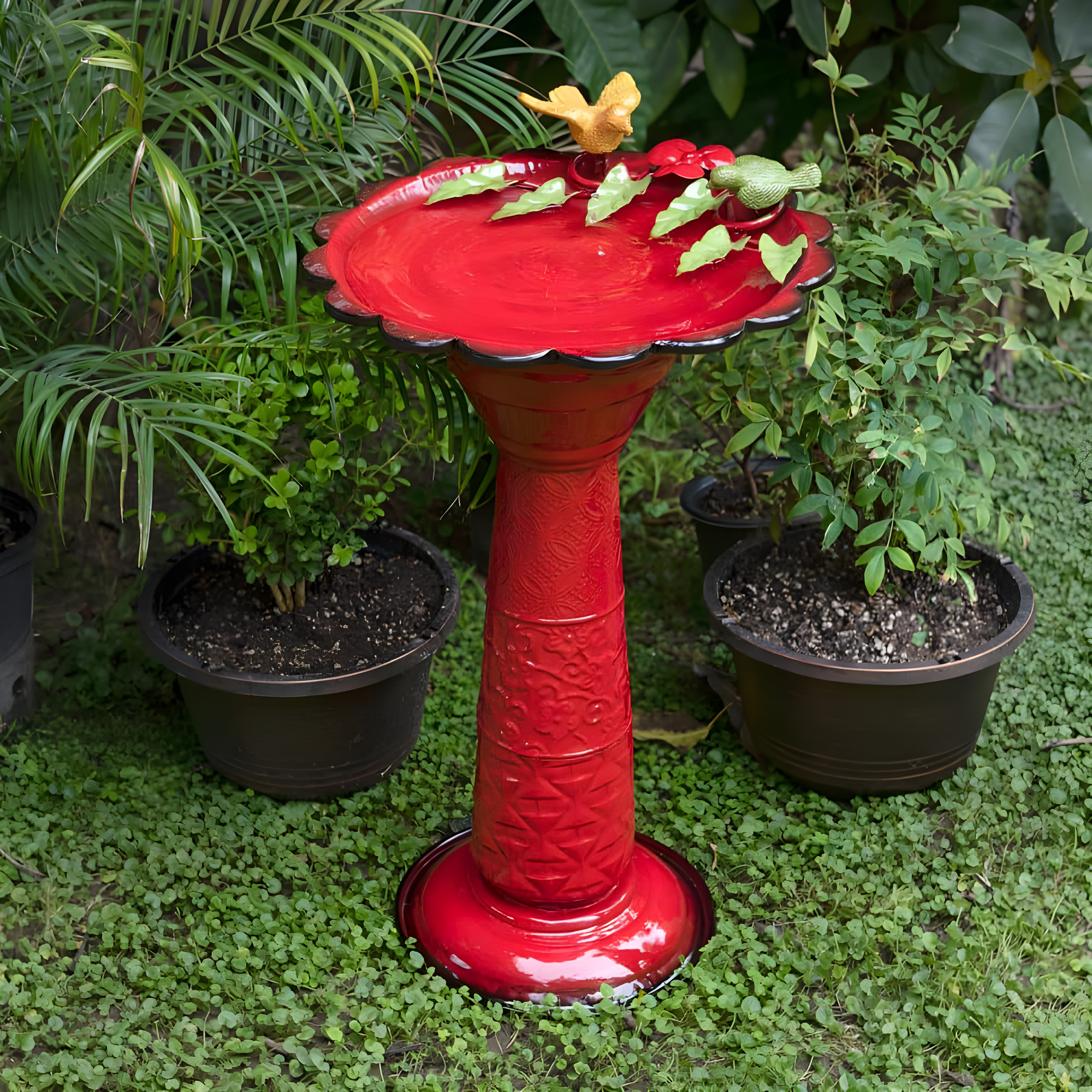 28" Metal Birdbath With Birds And Leaves - Red - Alpine Corporation