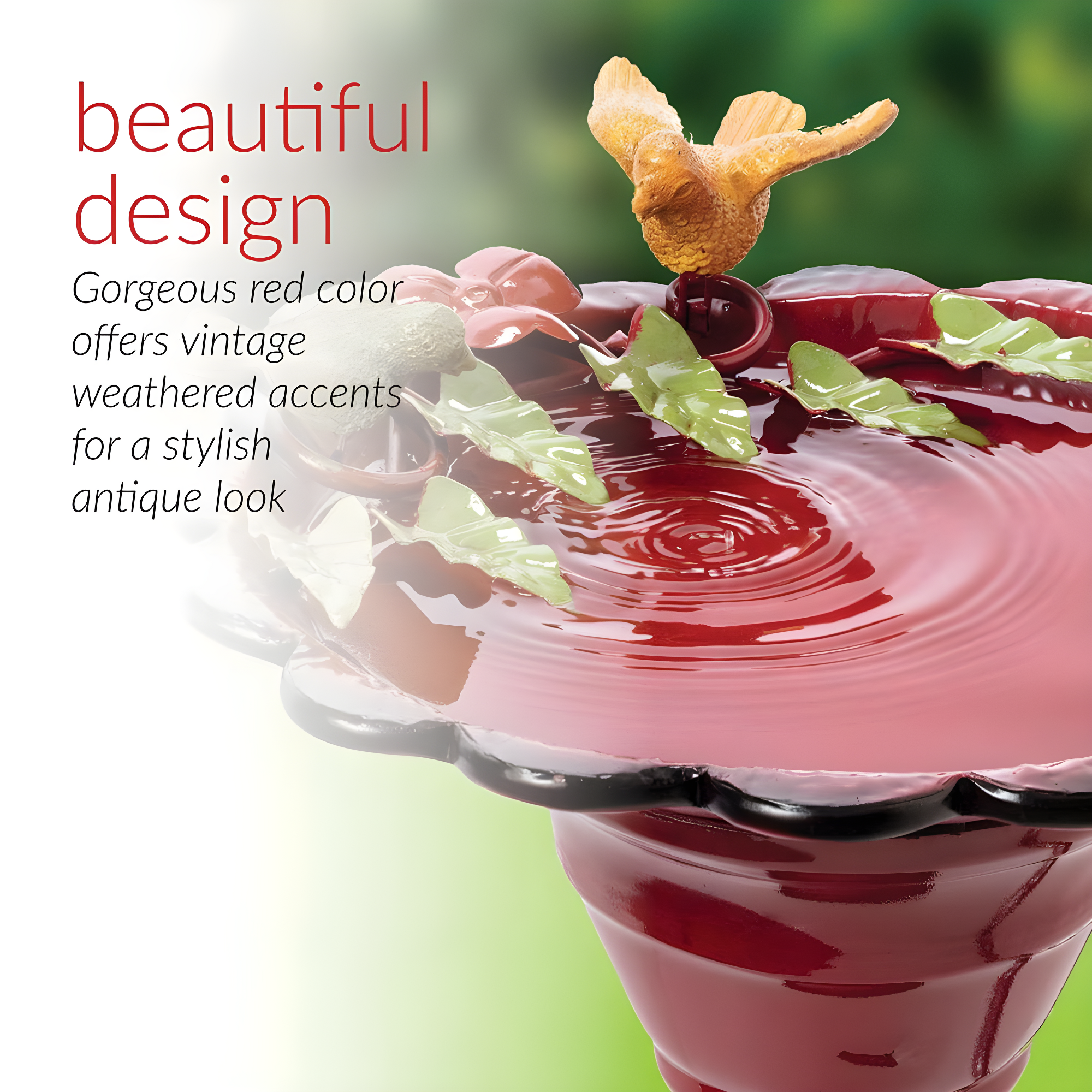28" Metal Birdbath With Birds And Leaves - Red - Alpine Corporation